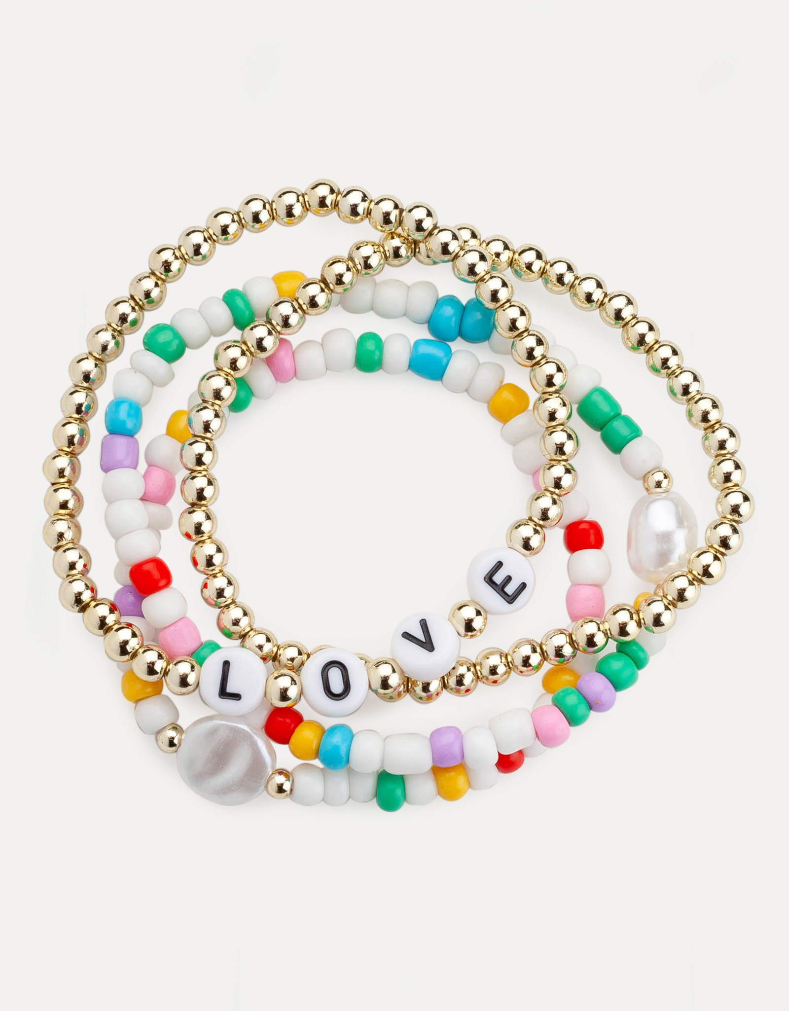 Набор браслетов, 6 см, 4 шт, пластик/стекло, золотистый/цветной, Love, Pearl color, image-1