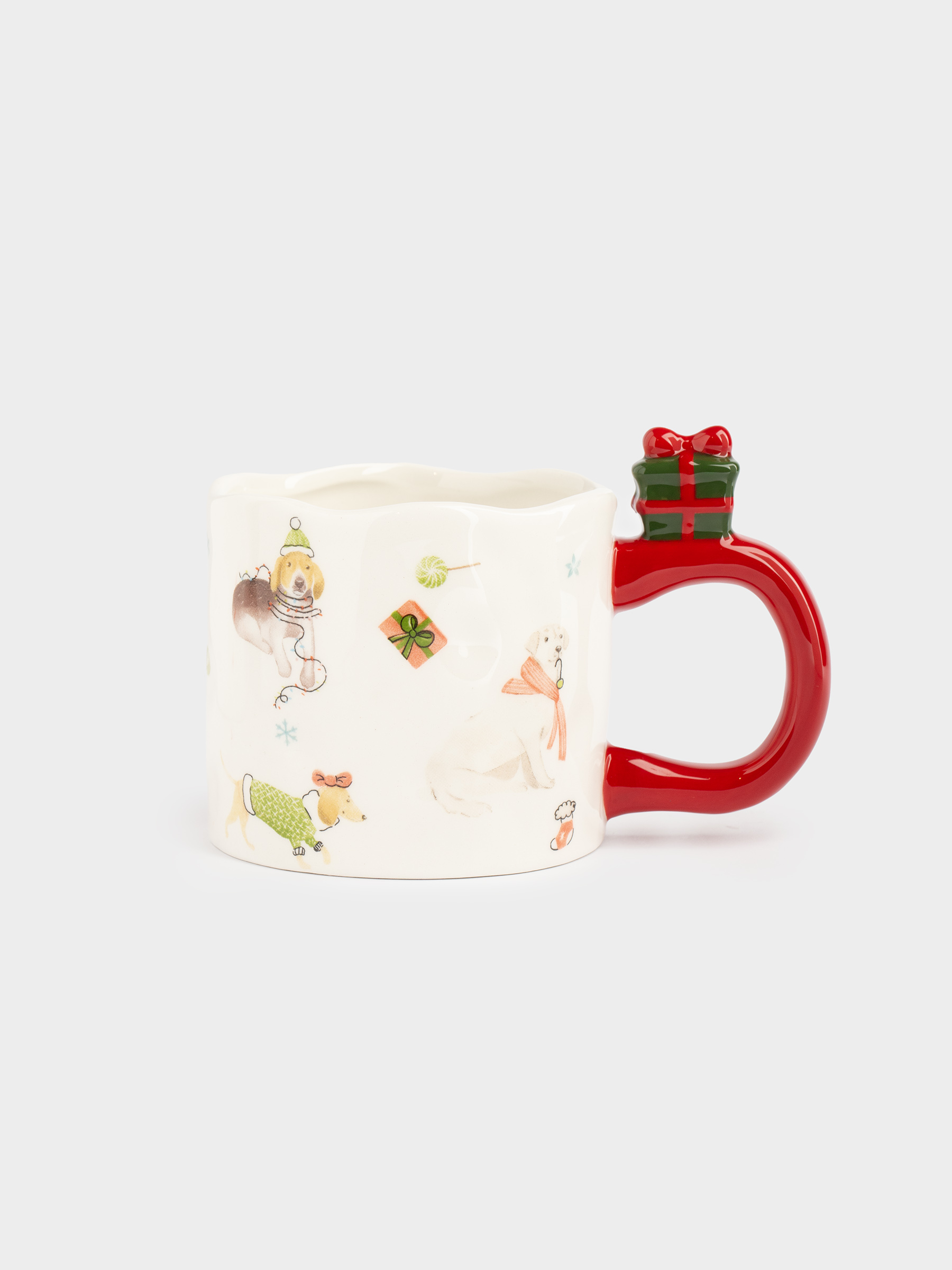 Кружка, 370 мл, керамика, молочно-красная, Собаки с подарками, Christmas dog, image-0