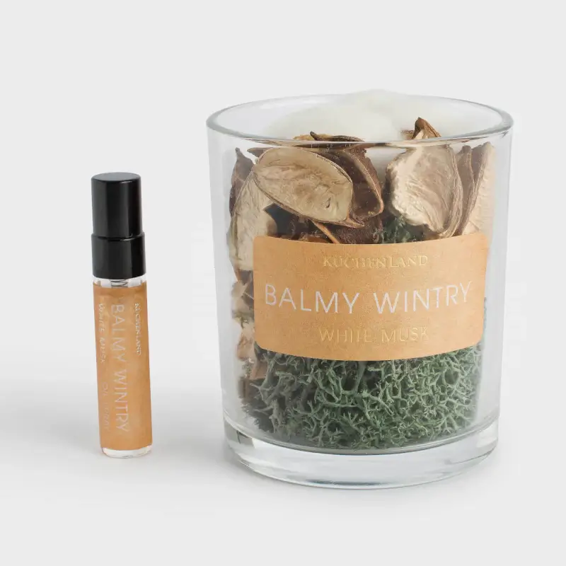 Набор сухоцветов, 14 см, в вазе, с ароматическим спреем, стекло, Хлопок, White musk, Balmy wintry, image-0