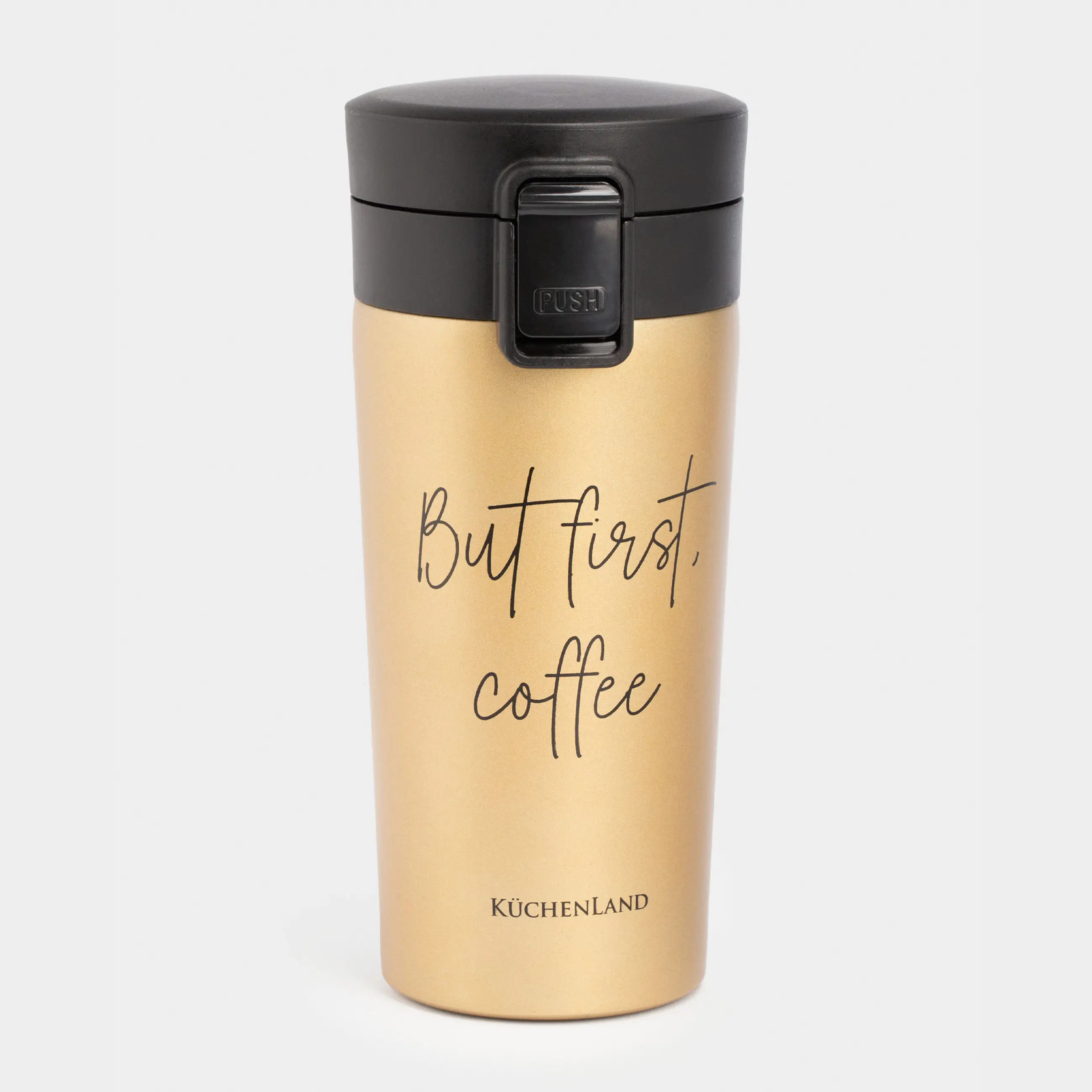 Термо саптыаяқ, 380 мл, болат/пластик, алтын, күңгірт, But first, cofee, Voyage