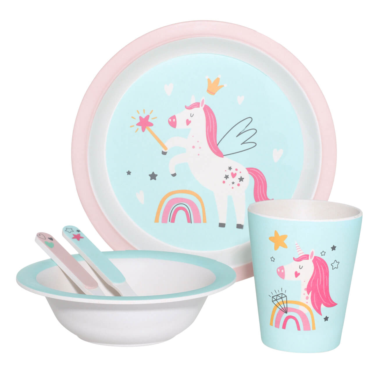 Набор посуды, детский, 5 пр, бамбук, розово-мятный, Единорог и радуга, Unicorn изображение № 1