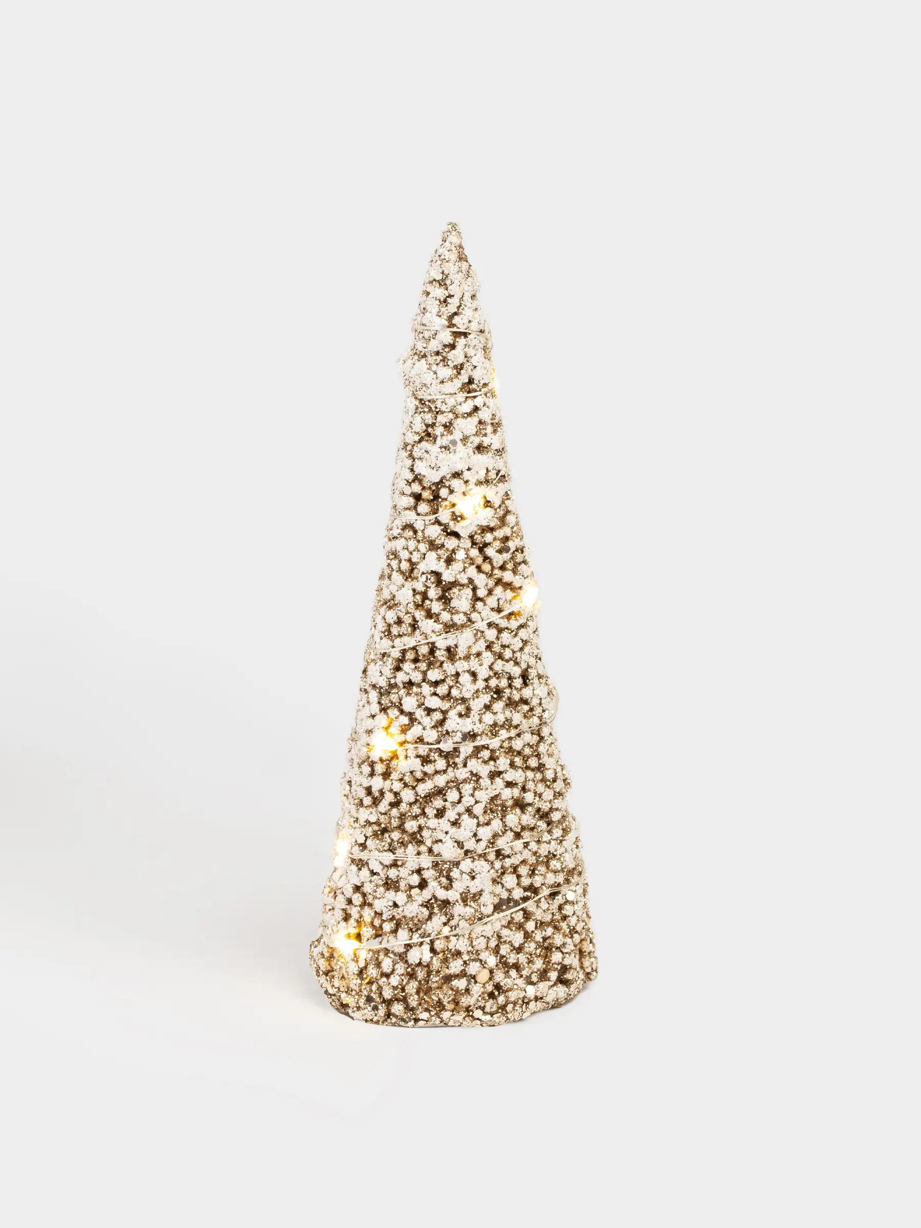 Шырша-конус, 20 см, жарықтандырылған, металл, шампан, Қарлы шырша, Frosty sparks, image-0