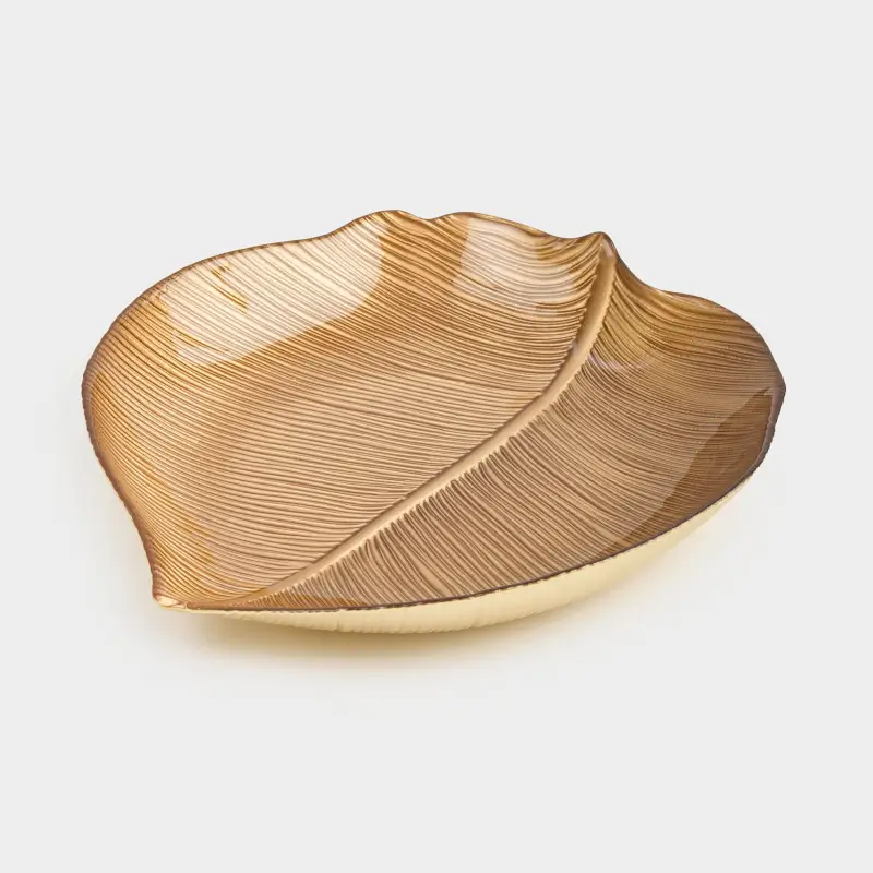Блюдо, 21х19х3 см, стекло, золотистое, Тропический лист, Hosta