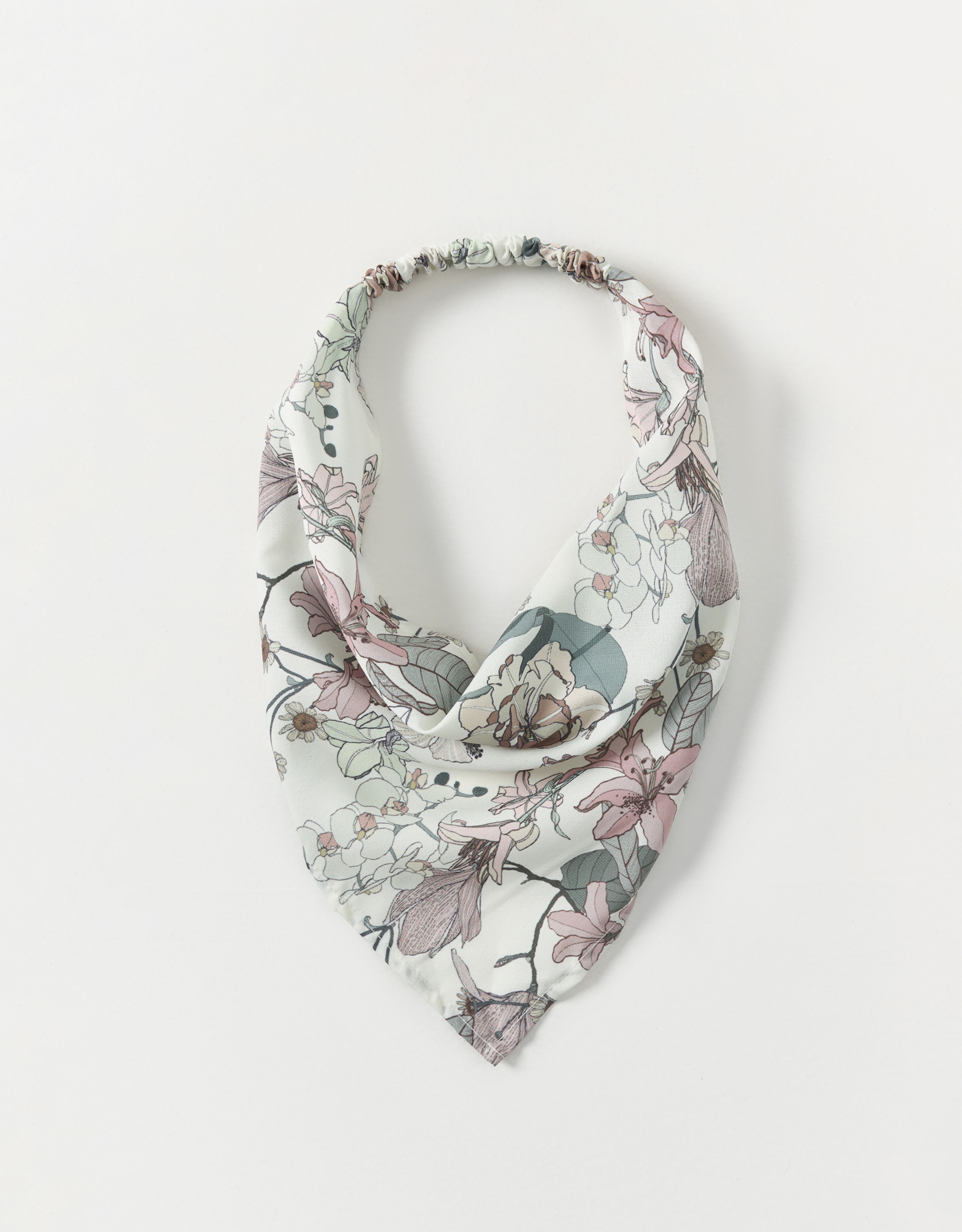 Бандана, 30 см, на резинке, полиэстер, белая, Цветы и листья, Kerchief, image-0