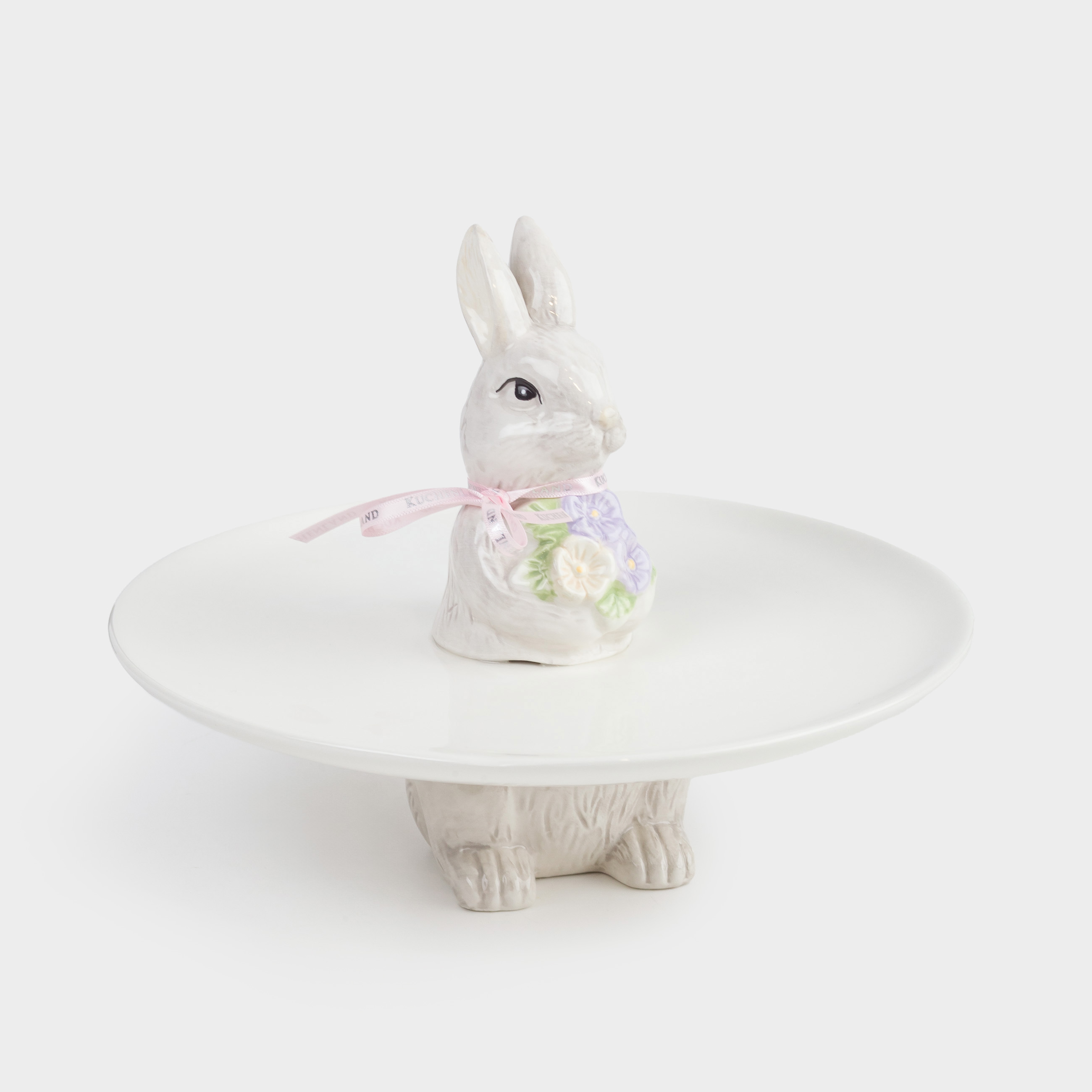 Блюдо на ножке, 24х18 см, керамика, бело-серое, Кролик с букетом цветов, Easter, image-1
