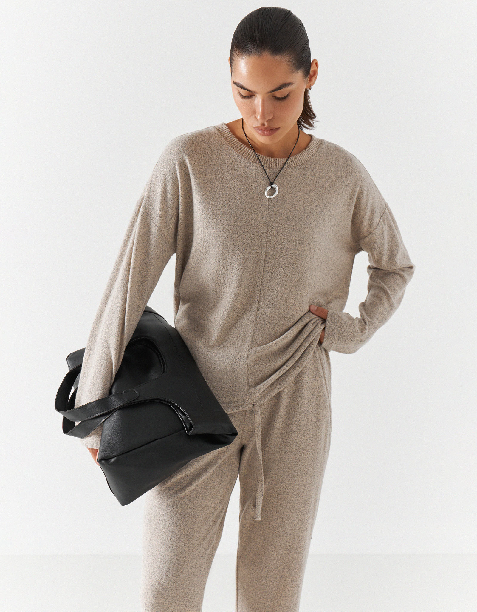 Костюм женский, домашний, с брюками, полиэстер/спандекс, бежевый, Bertha, image-1