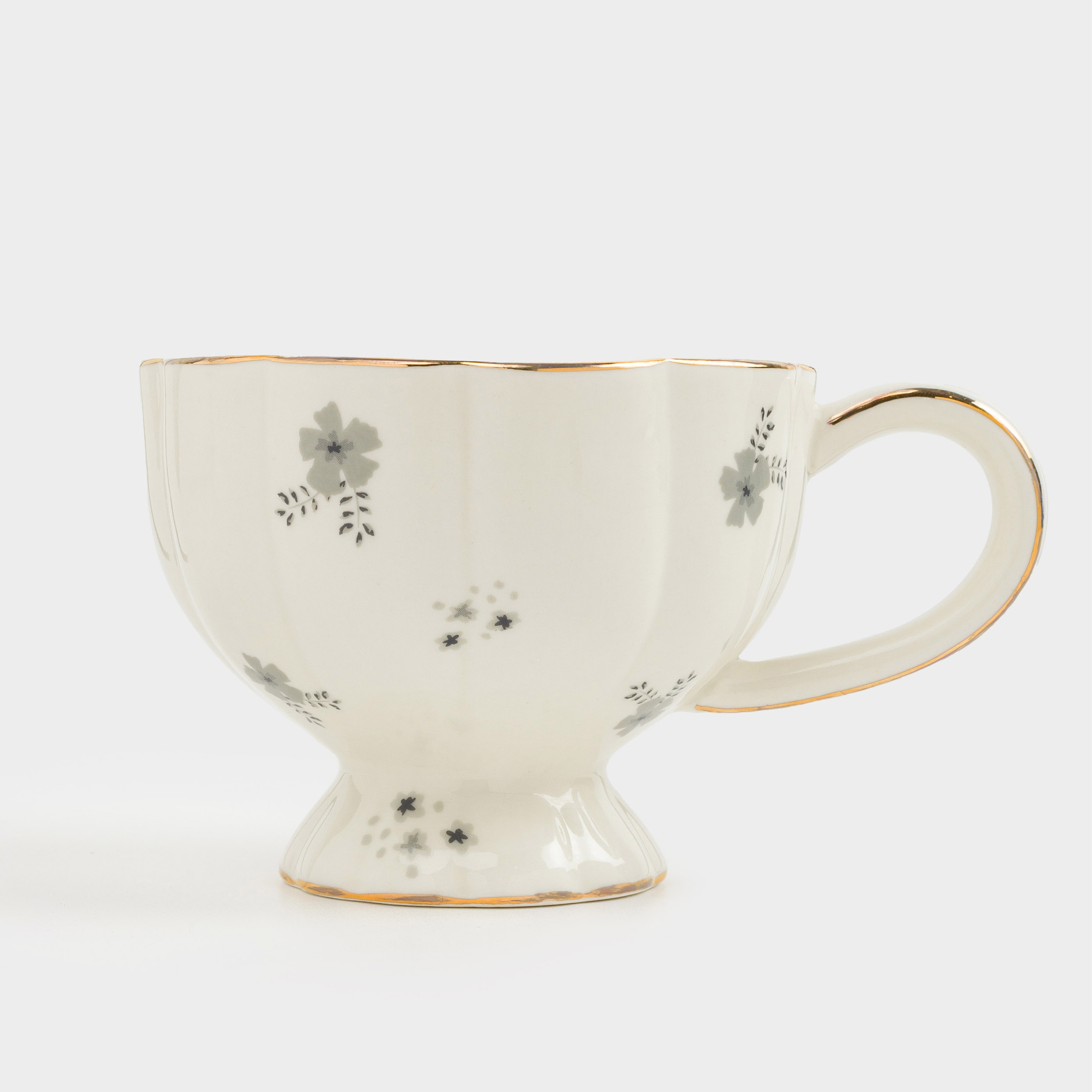 Кружка, 360 мл, фарфор P, молочная, с золотистым кантом, Серые цветы, Florals, image-2