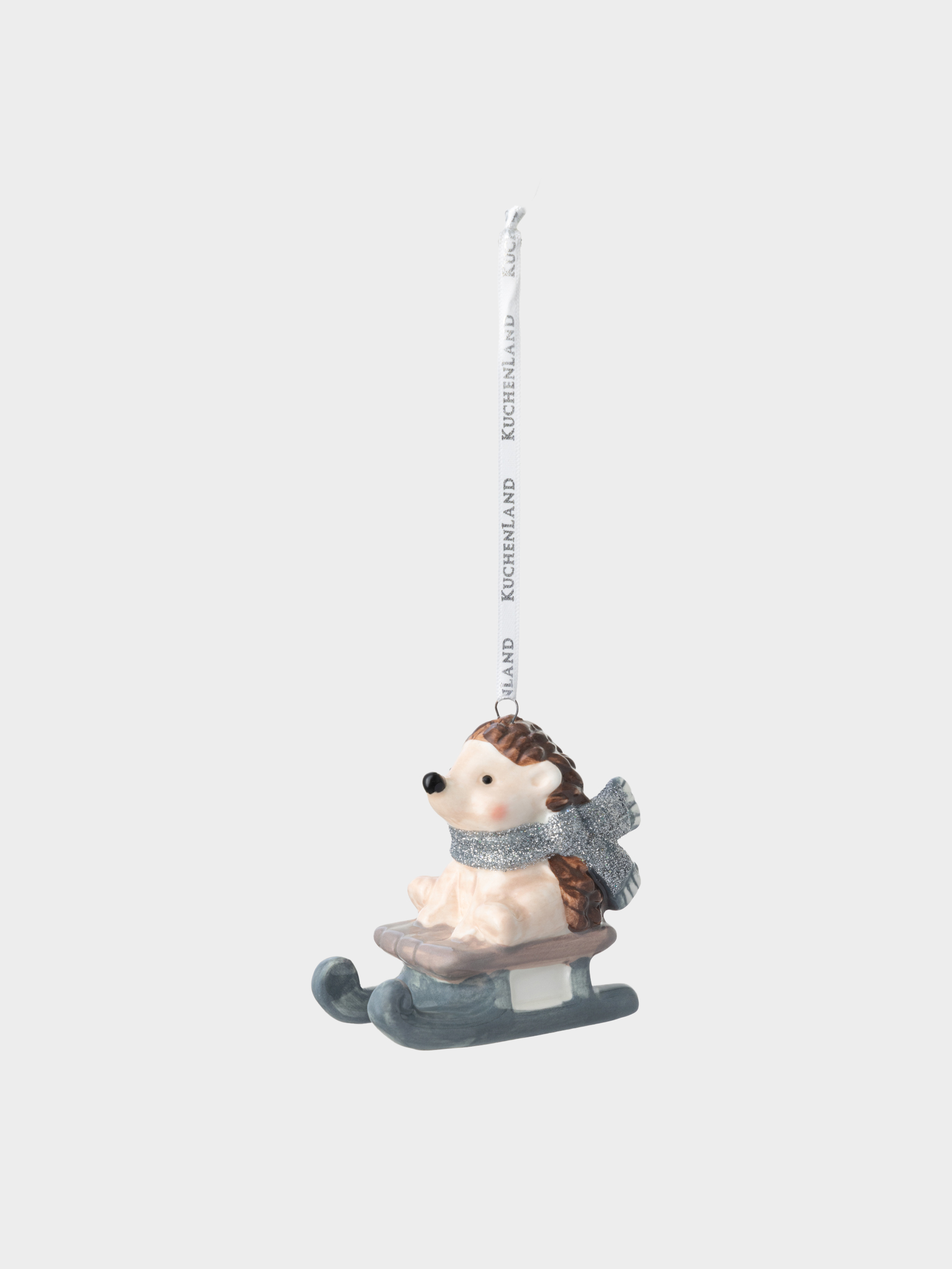 Игрушка елочная, 8 см, фарфор P, серо-коричневая, Ежик на санках, Figure christmas, image-1