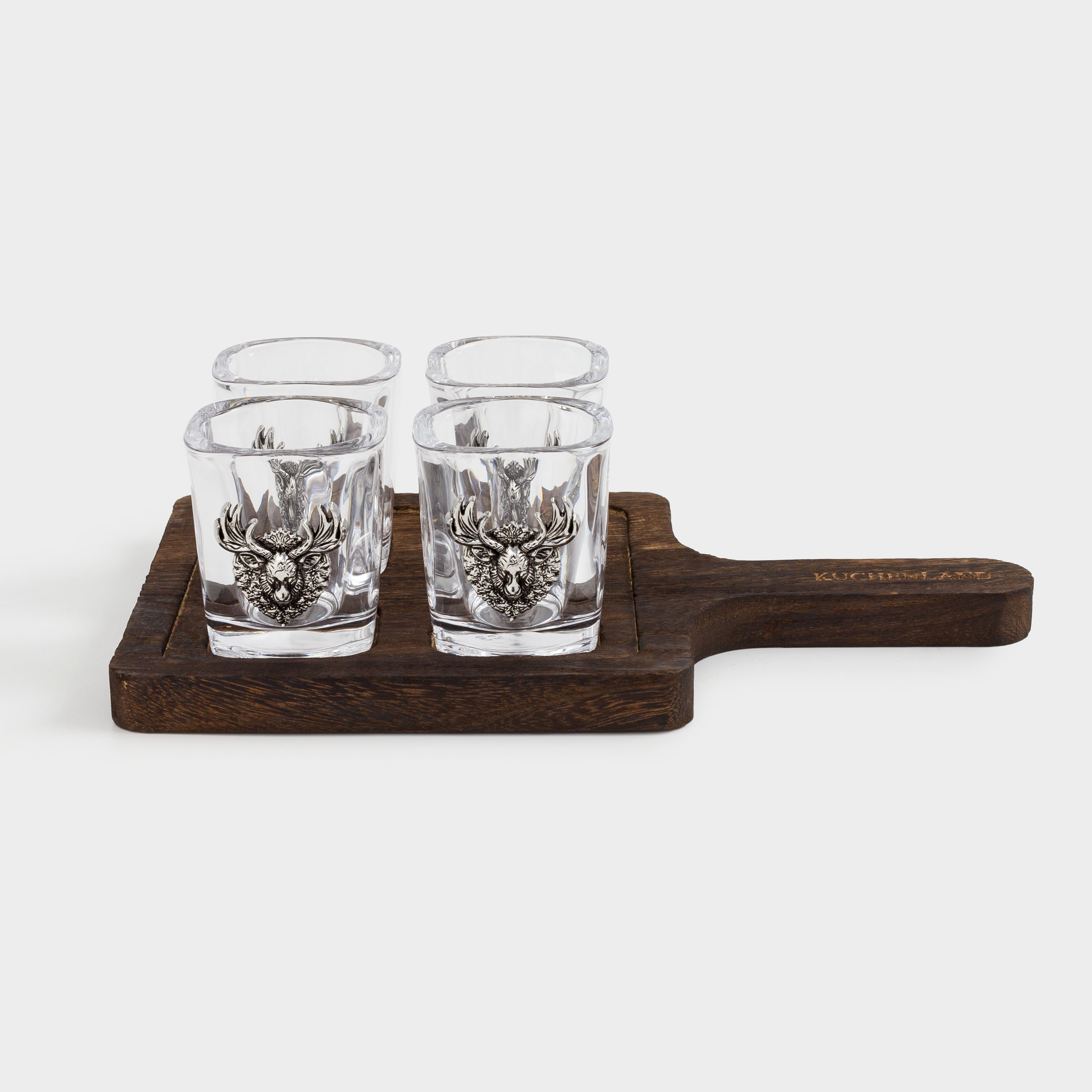 Стопка для водки, 60 мл, 4 шт, на подставке, стекло/металл/дерево, Лось, Lux elements decor, image-1