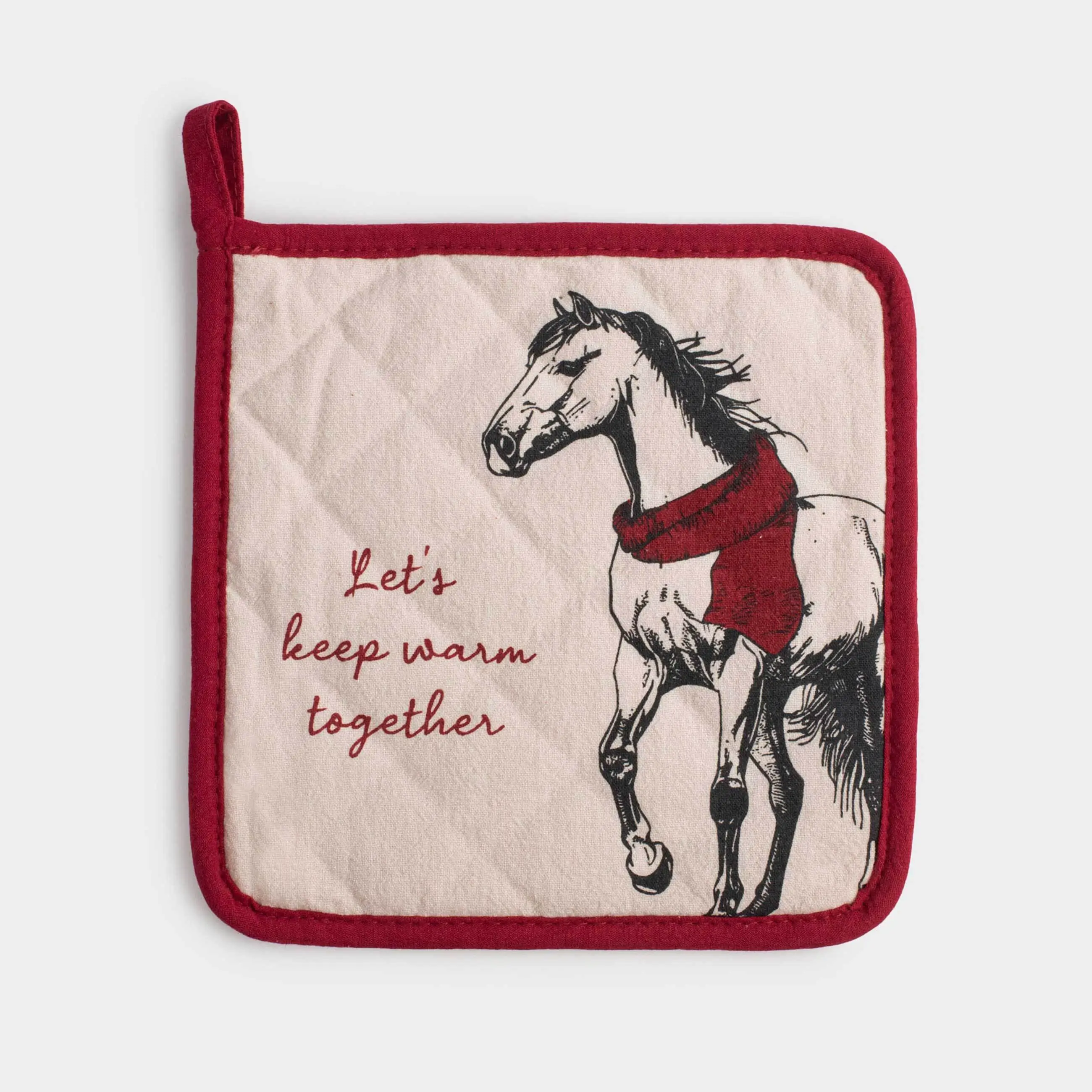 Ыдыс ұстағыш, 20х20 см, мақта, сұр және сарғылт-қоңыр, Жылқы, Horse in scarf