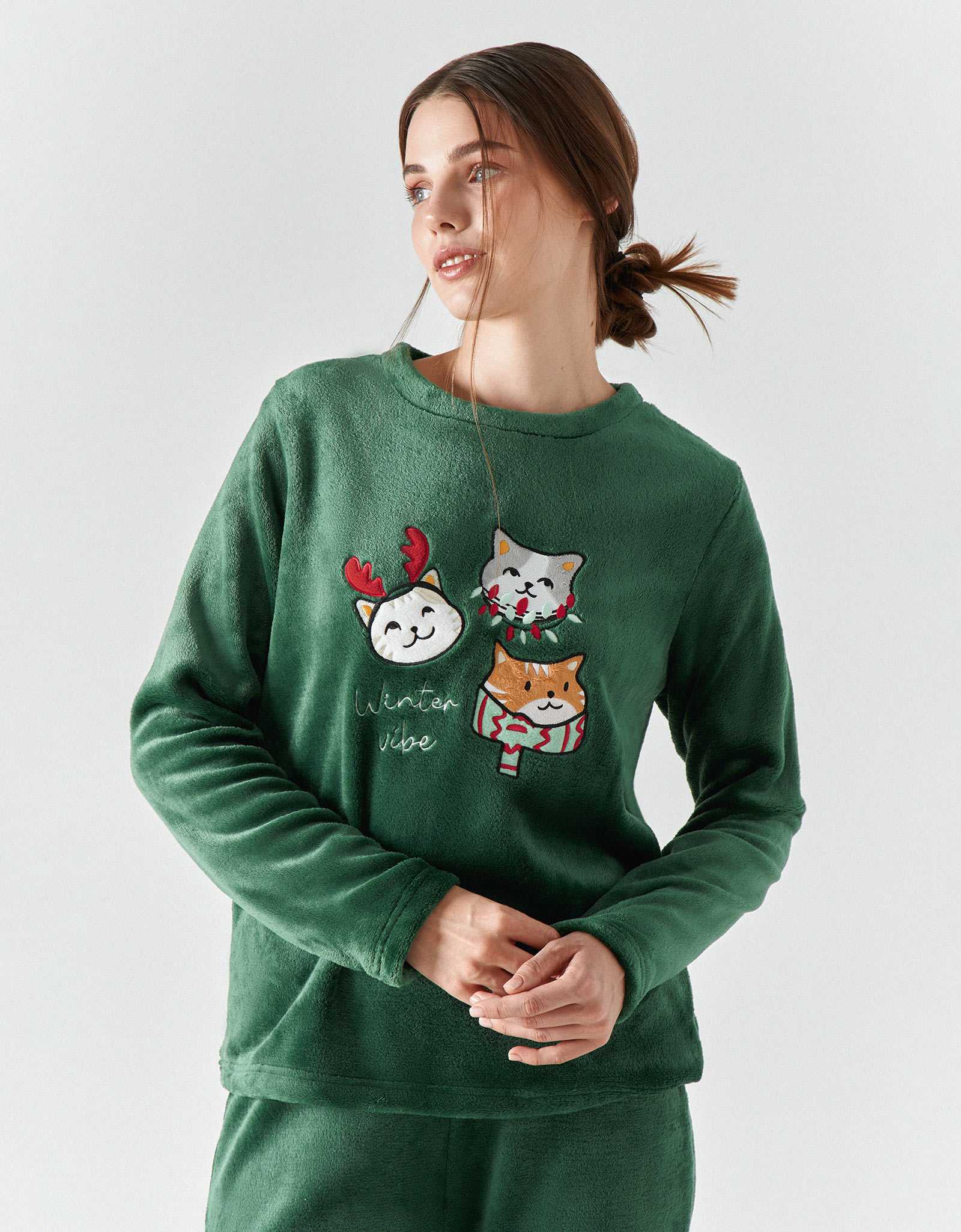 Әйелдерге арналған костюм, үйге арналған, өлшемі S, шалбармен, флис, жасыл, Мысықтар, Amber, image-1