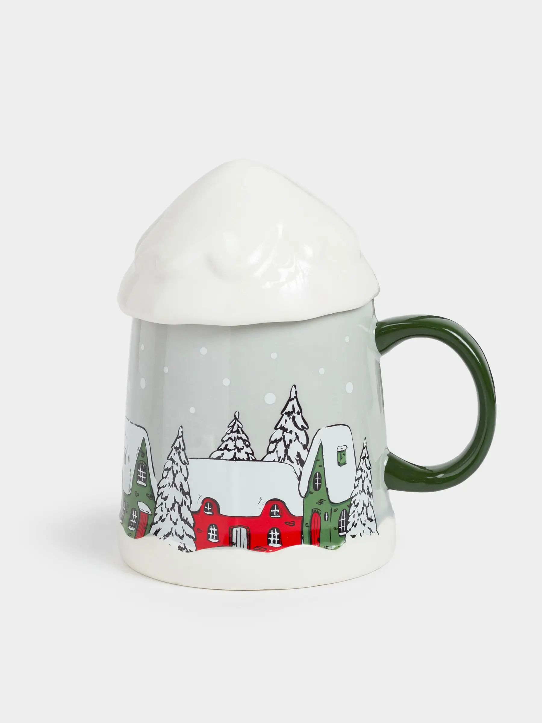 Кружка, 350 мл, с крышкой, фарфор N, серо-зеленая, Дома в снежном лесу, Forest house, image-0