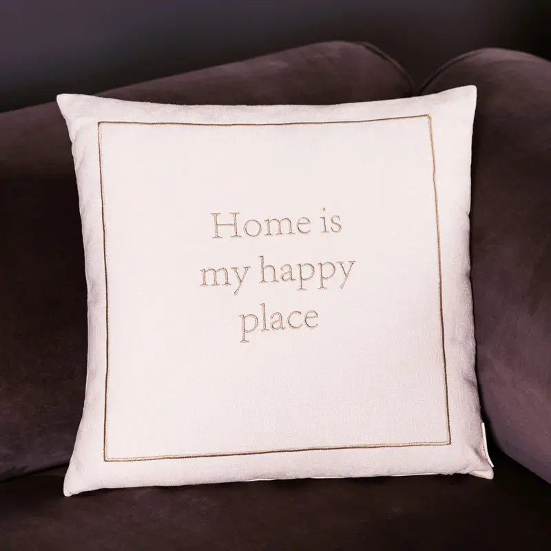 Подушка декоративная, 45х45 см, шенилл/вельвет, молочная, Home is my happy place, Chenill ,image-0