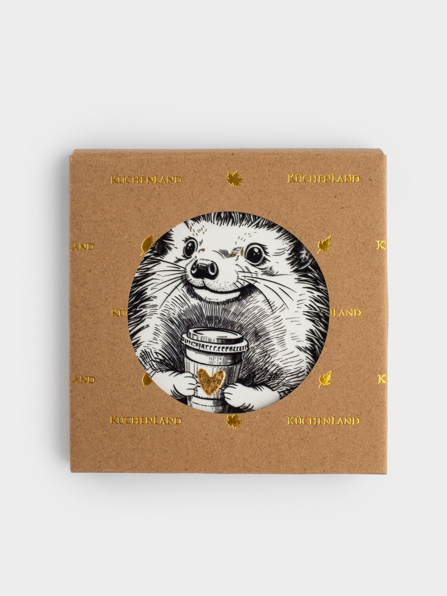 Подставка под кружку, 11 см, круглая, керамика/пробка, белая, Еж с кофе, Forest animals, image-3