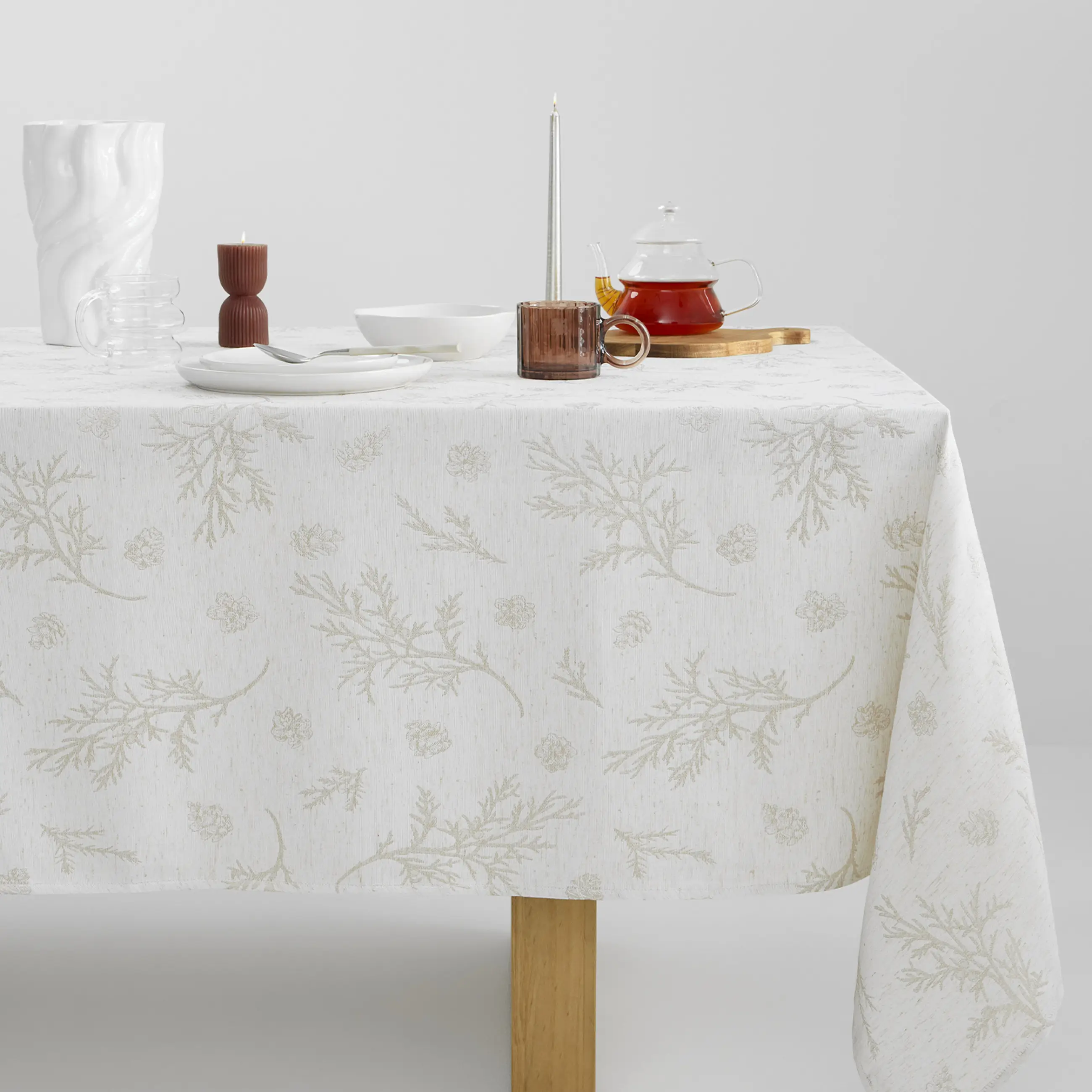 Дастархан, 160х160 см, жаккард, полиэстер, сарғылт-қоңыр, Қылқан жапырақты бұтақтар, Conifer branches