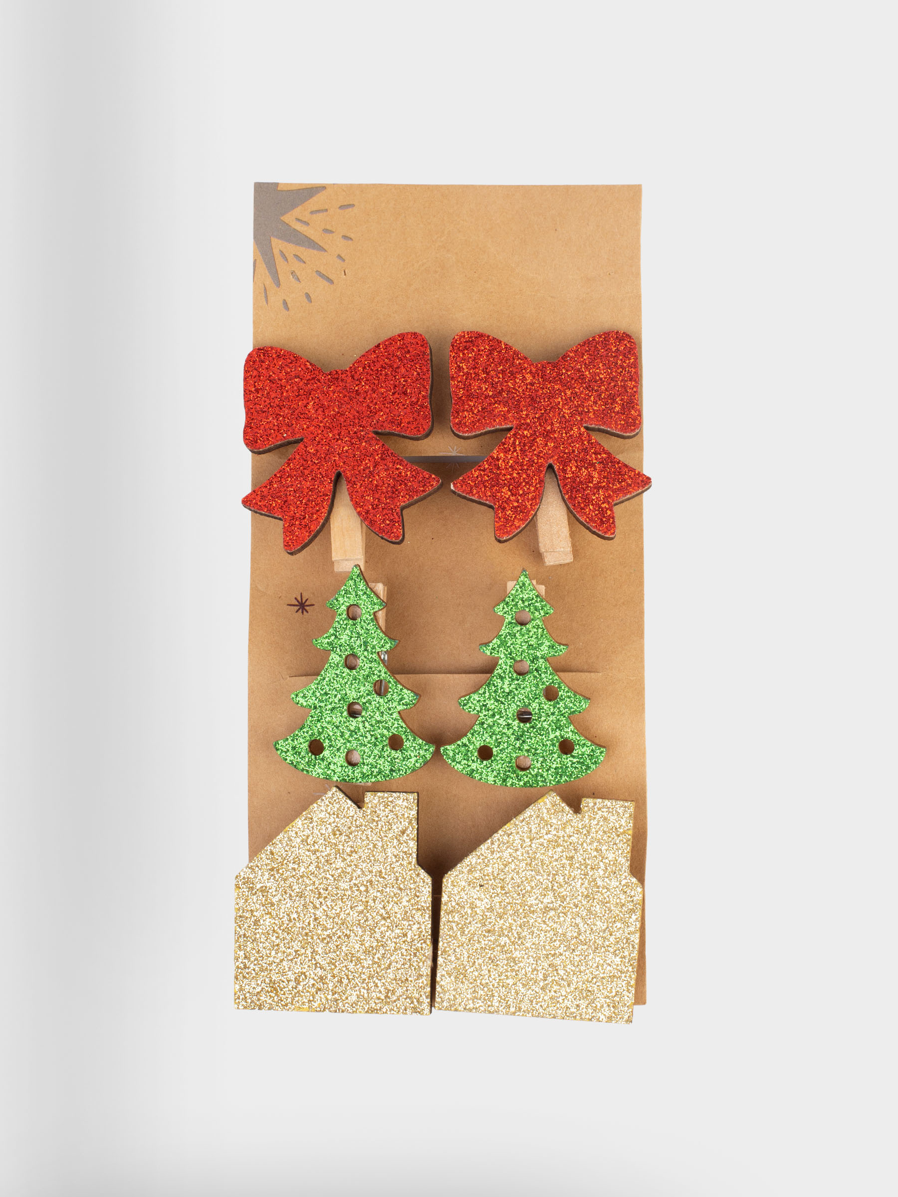 Клипса декоративная, 5 см, 6 шт, дерево, с блестками, Праздничные атрибуты, Figure wood, image-3