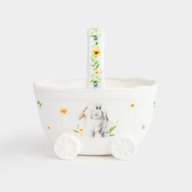 Конфетница, 12х13 см, с ручкой, фарфор N, белая, Кролик и цветы, Easter ,image-0