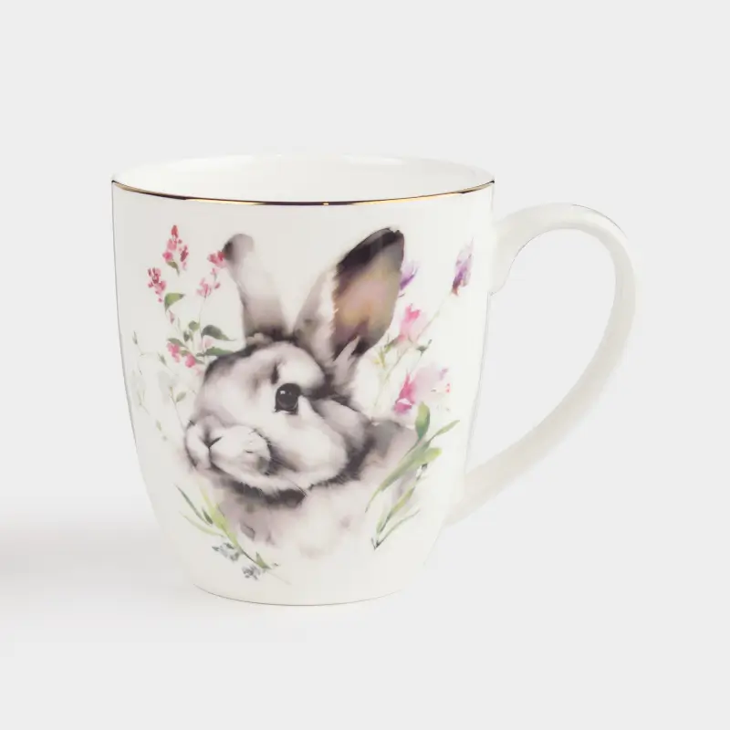 Кружка, 370 мл, фарфор F, белая, с золотистым кантом, Кролик в цветах, Easter ,image-0