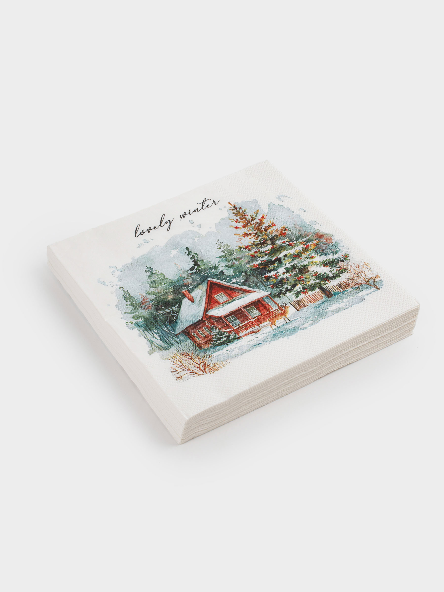Салфетки бумажные, 33х33 см, 20 шт, квадратные, белые, Дом и олень, Winter house, image-1