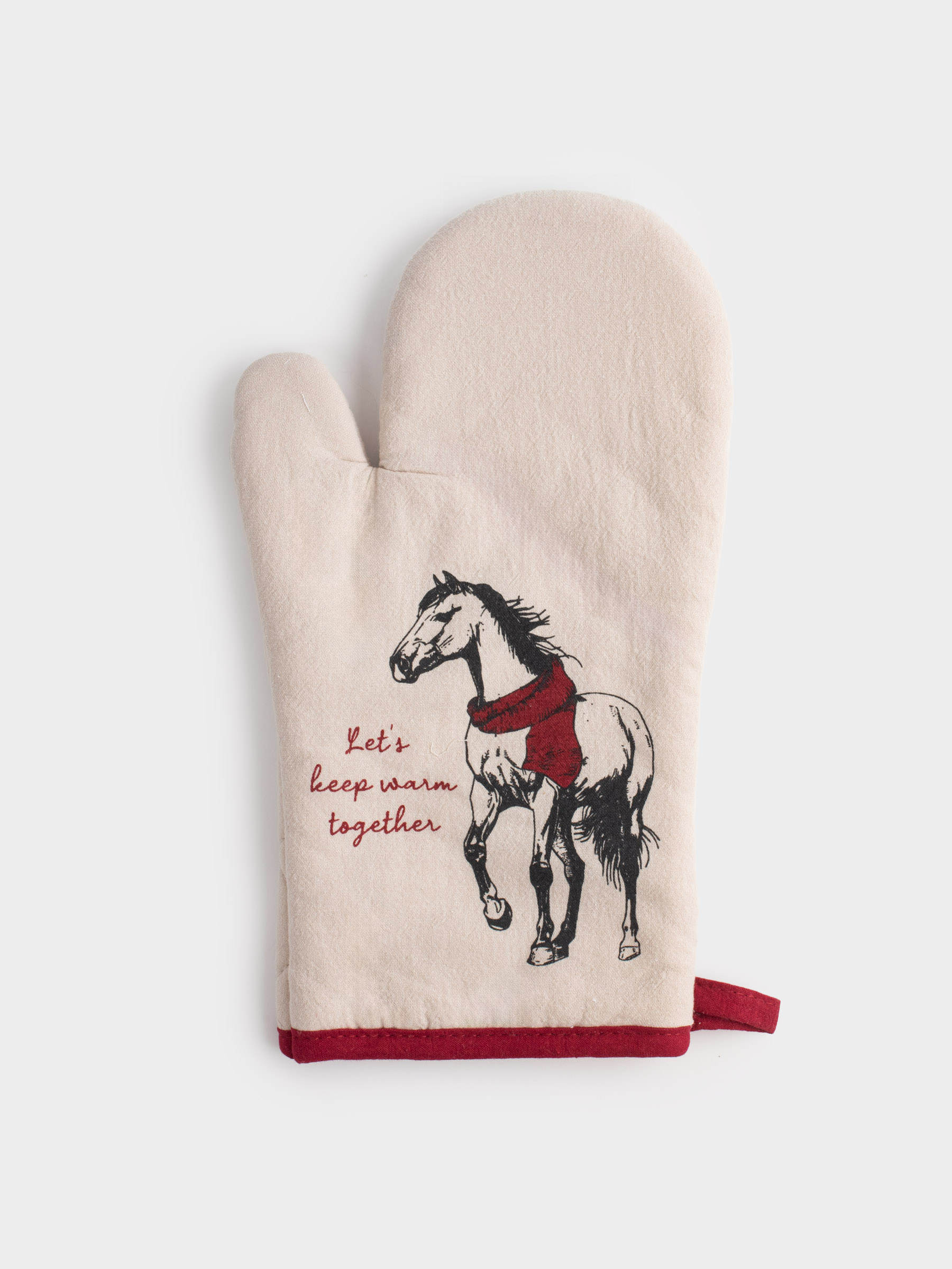 Прихватка-варежка, 18x30 см, хлопок, серо-бежевая, Лошадь, Horse in scarf, image-0