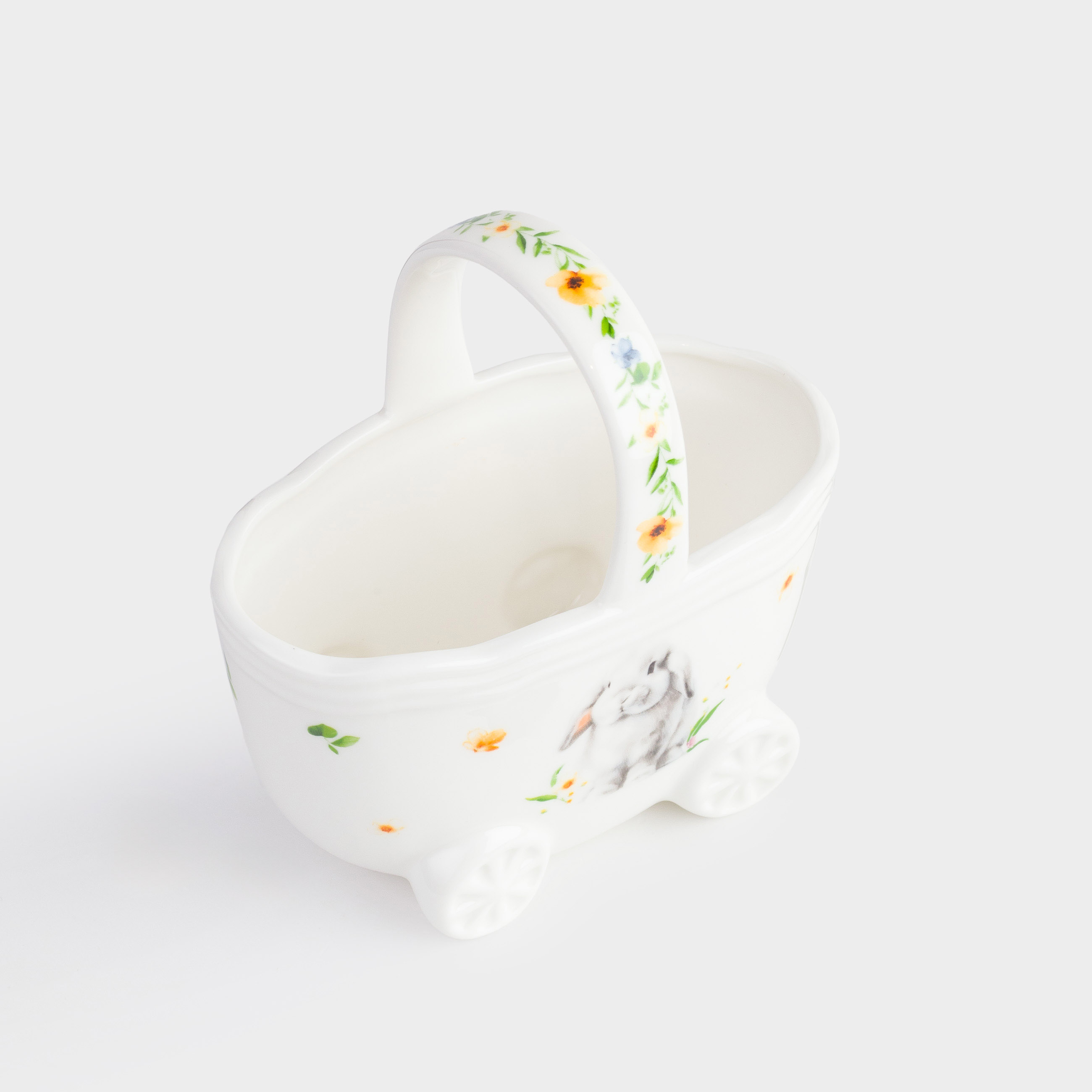 Конфетница, 12х13 см, с ручкой, фарфор N, белая, Кролик и цветы, Easter, image-2