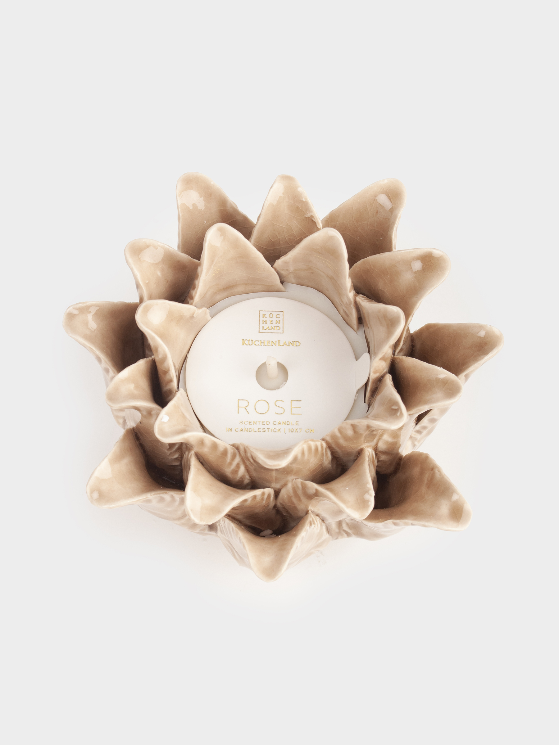 Свеча ароматическая, 7 см, в подсвечнике, керамика, бежевая, Beach musk, Цветок, Rose, image-5