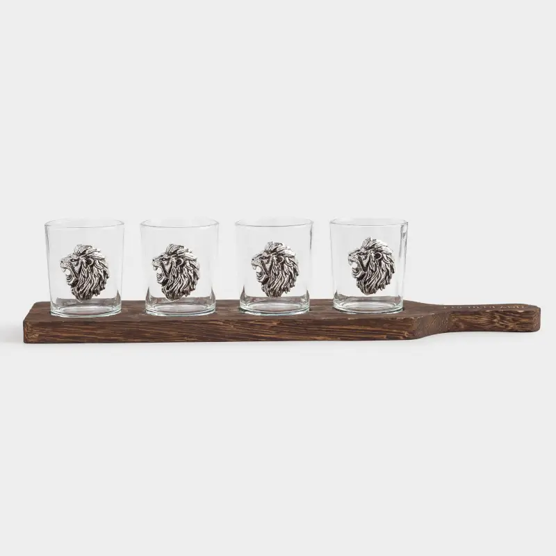 Стопка для водки, 80 мл, 4 шт, на подставке, стекло/дерево, Лев, Lux elements decor ,image-0