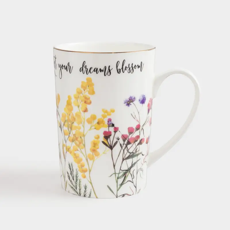 Кружка, 450 мл, фарфор F, белая, с золотистым кантом, Цветы и мимоза, Flower garden ,image-0