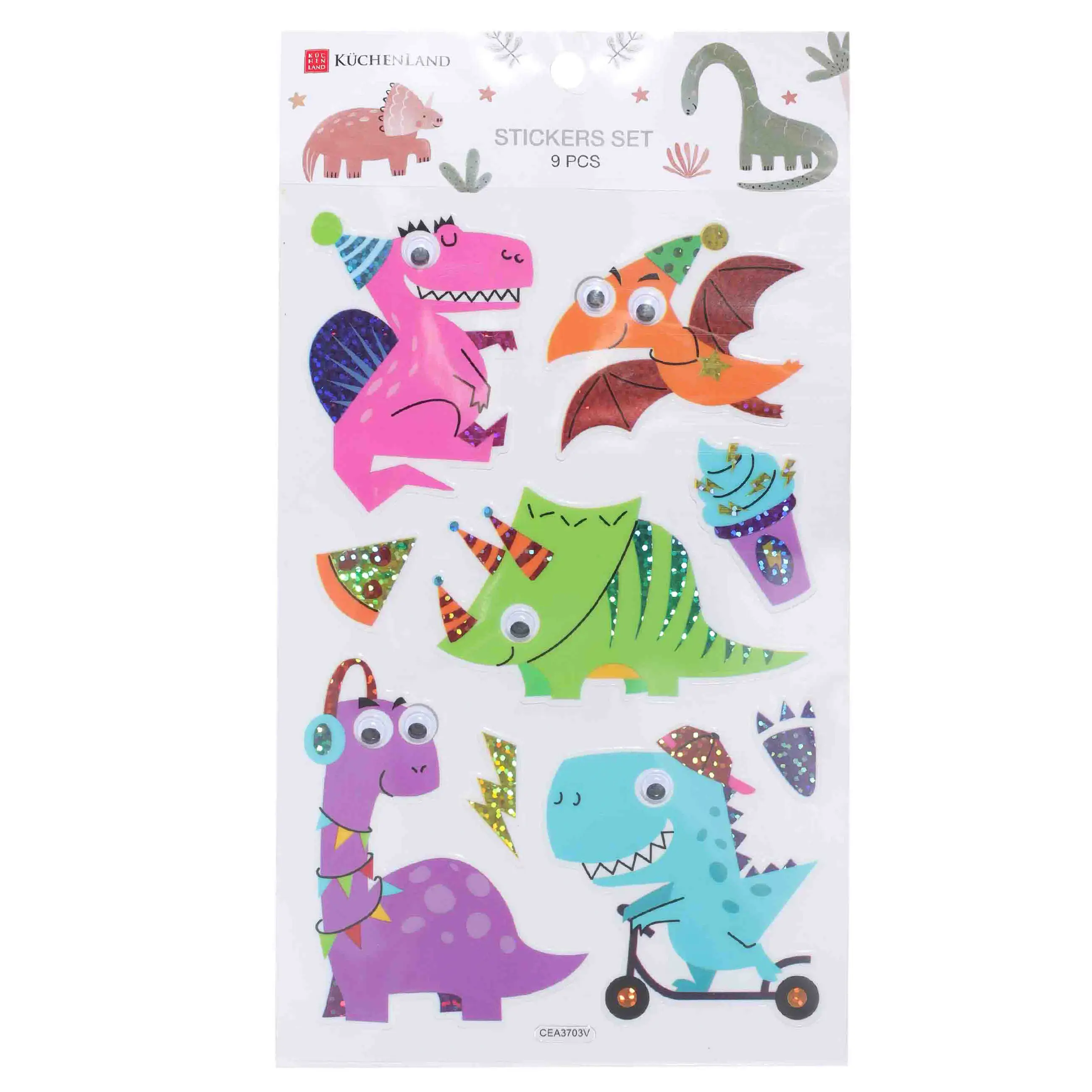 Набор наклеек, 25х14 см, 9 шт, одноразовые, ПВХ, Динозавры, Dino, image-0