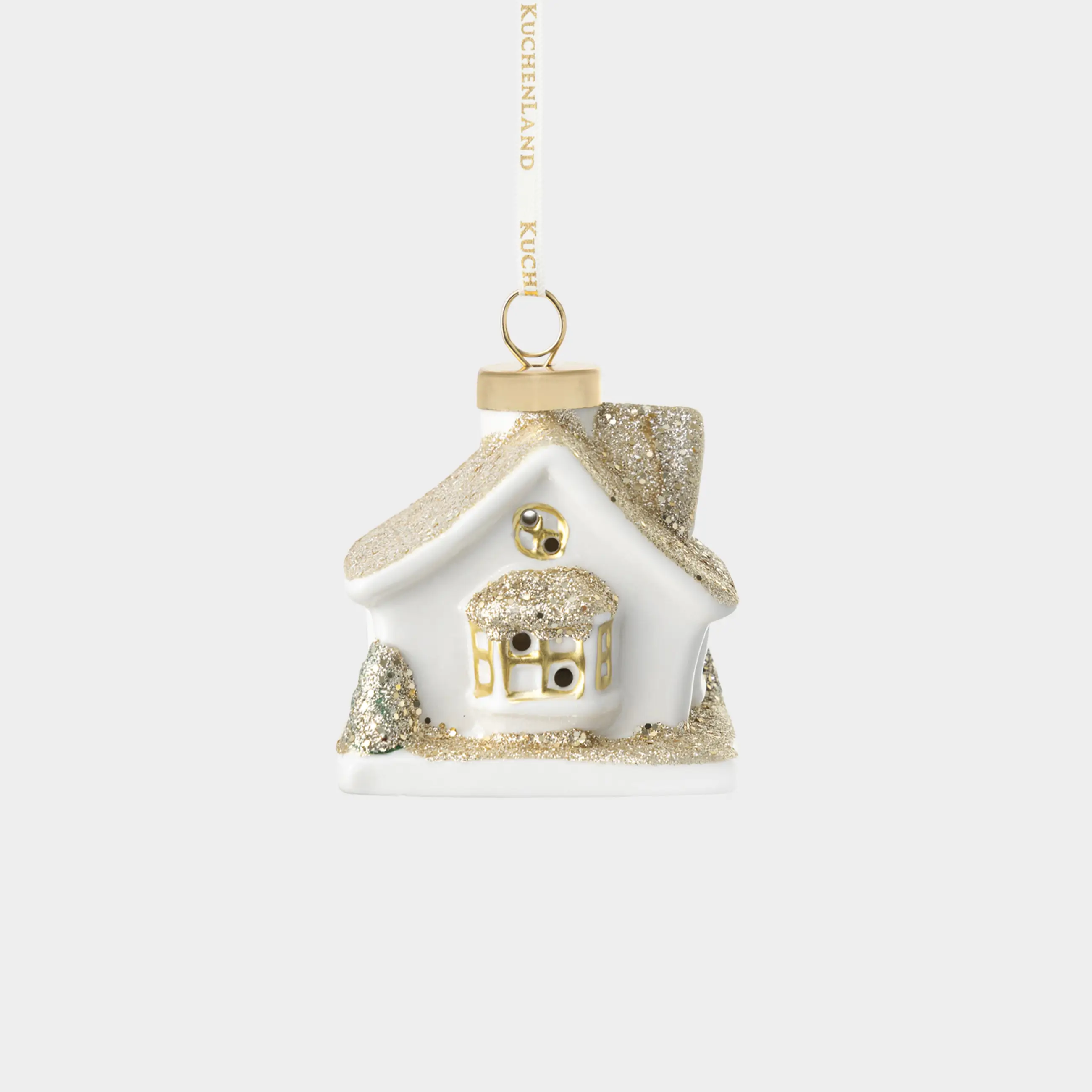 Игрушка елочная, 9 см, с подсветкой, фарфор P, бело-золотистая, Дом, Figure christmas