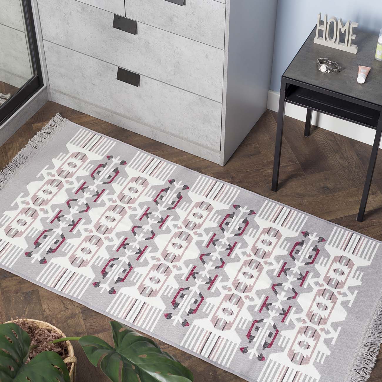 Коврик, 80х150 см, двусторонний, с бахромой, акрил, бело-серый, Узор, Carpet, image-3