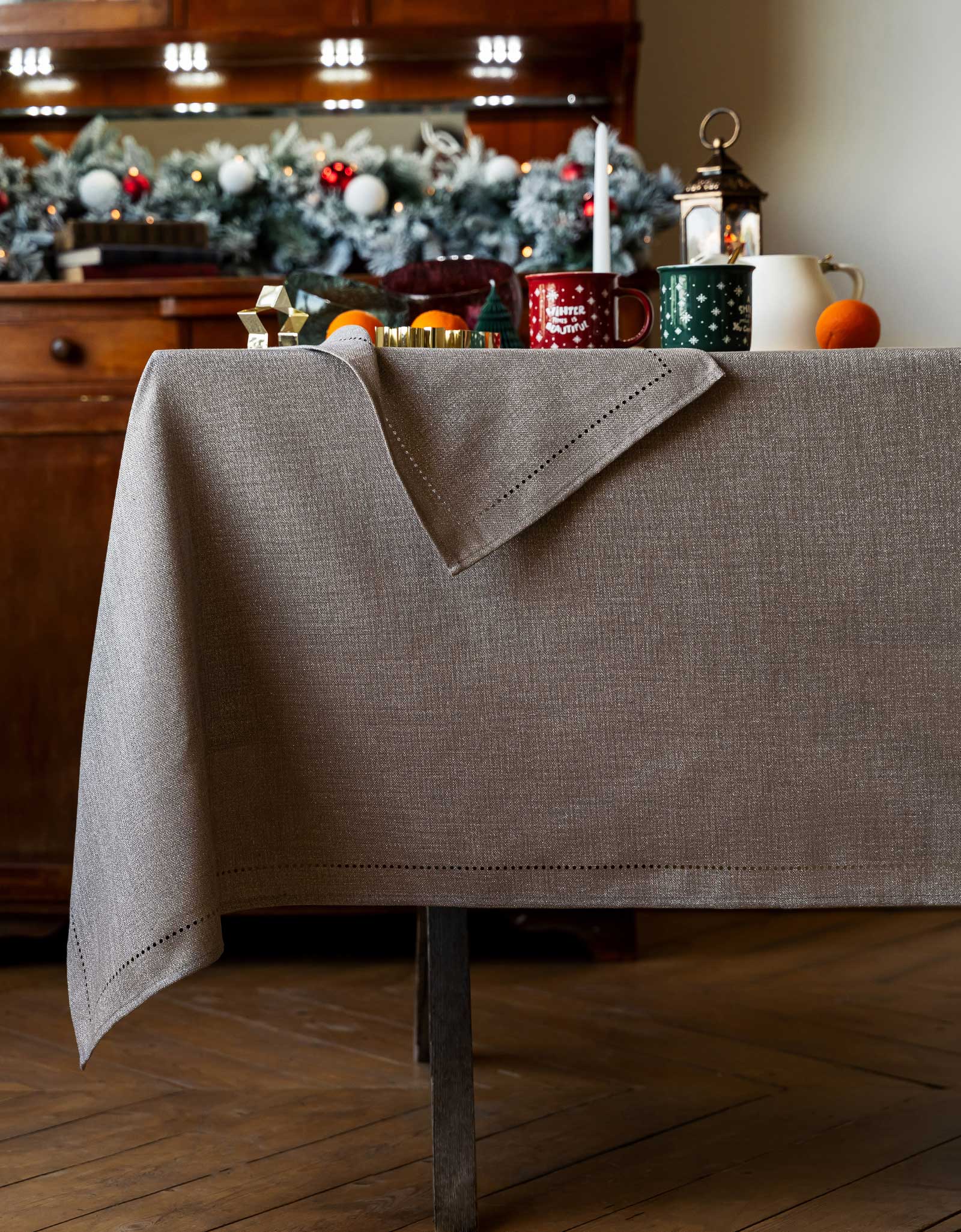 Скатерть, 170х250 см, полиэстер, серо-бежевая, Hemstitch, image-1