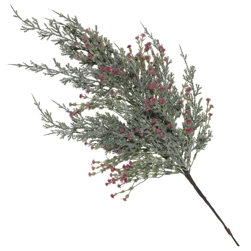 Ветка декоративная, 71 см, пластик, Хвоя с малиновыми цветами, Conifer decor ,image-0