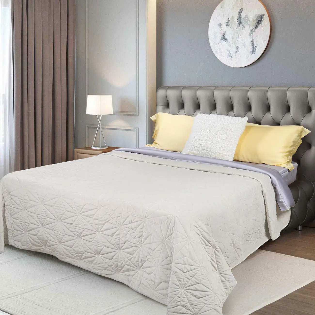 Покрывало, 220х240 см, стеганое, вельвет/микрофибра, бежевое, Toulouse, Stitch velvet, image-0