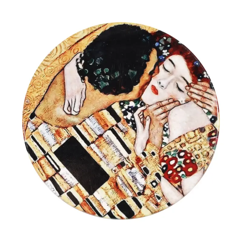 Подставка под кружку, 11 см, керамика/пробка, круглая, Климт, Поцелуй, Art поцелуй ,image-0