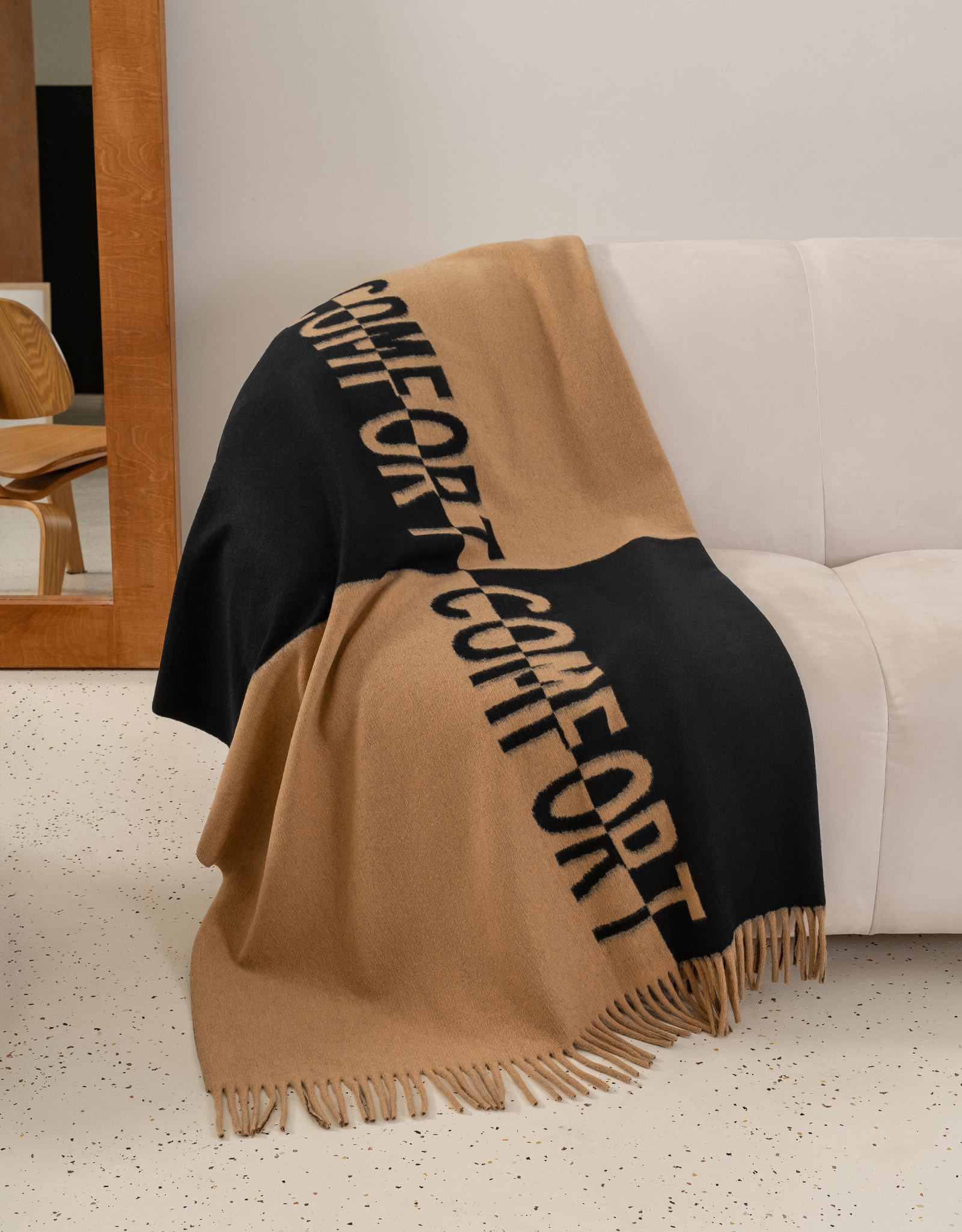 Плед, 130х170 см, с бахромой, полиэстер, бежево-черный, Comfort, Soft home, image-2