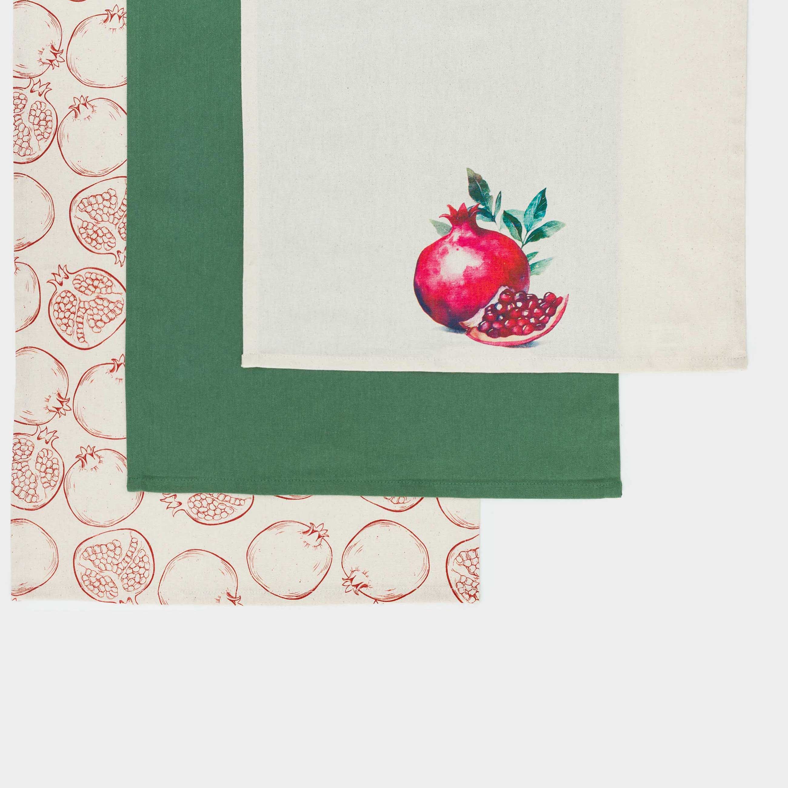 Полотенце кухонное, 40x60 см, 3 шт, хлопок, бежевое/зеленое, Гранаты, Pomegranate, image-0