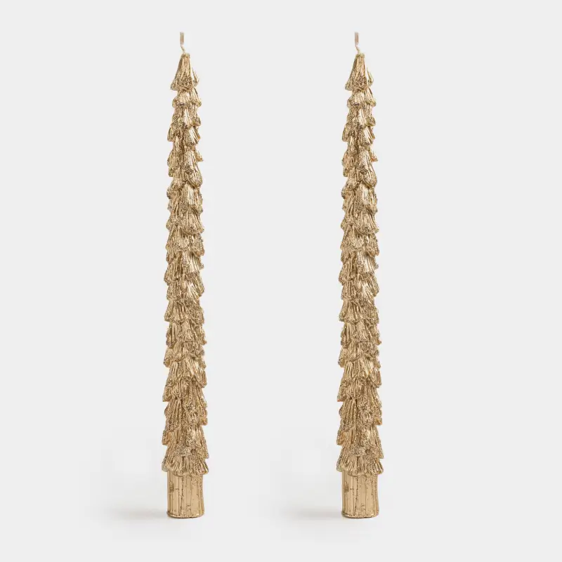 Свеча, 25 см, 2 шт, тонкая, с блестками, шампань, Ель, Fir candle ,image-0