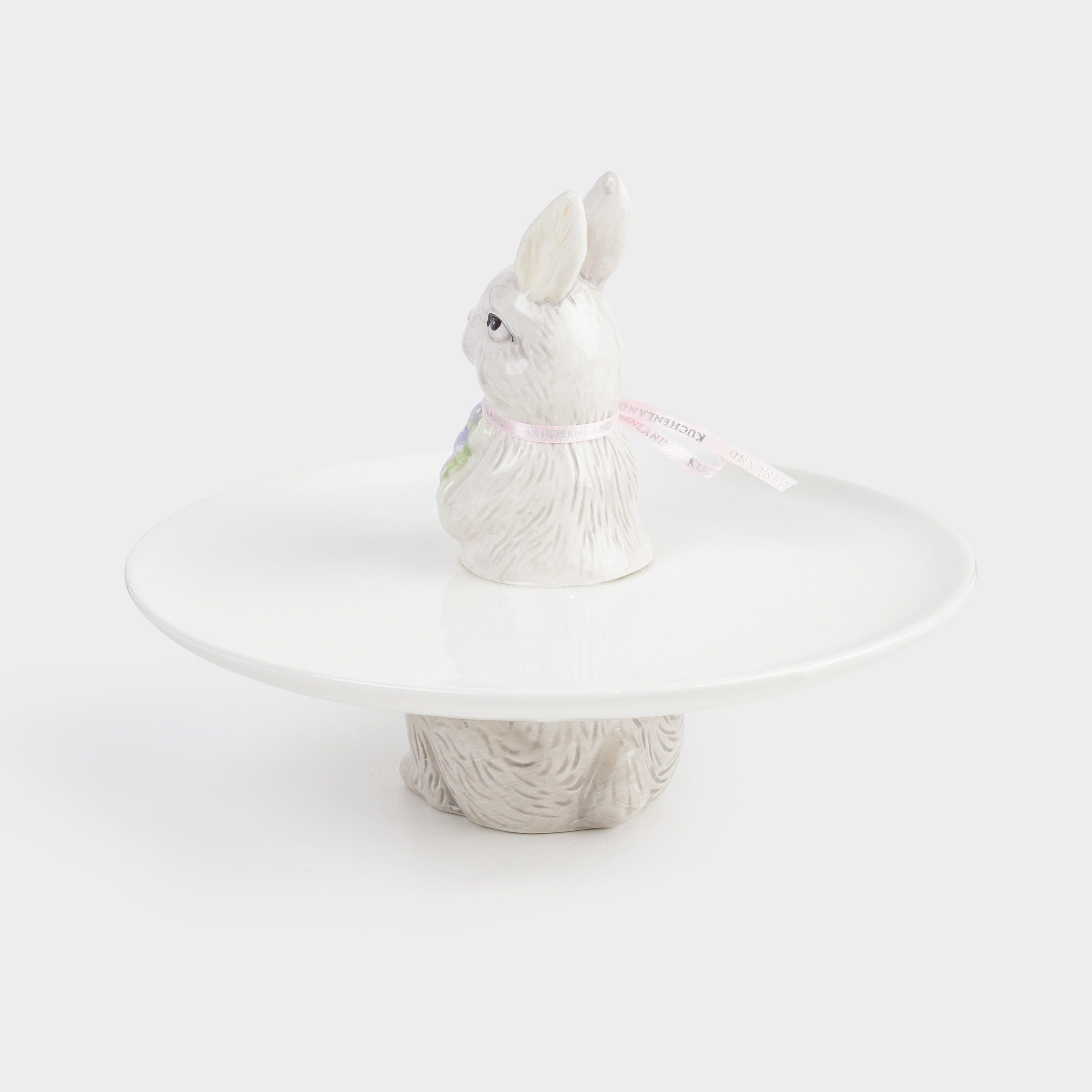 Блюдо на ножке, 24х18 см, керамика, бело-серое, Кролик с букетом цветов, Easter, image-5