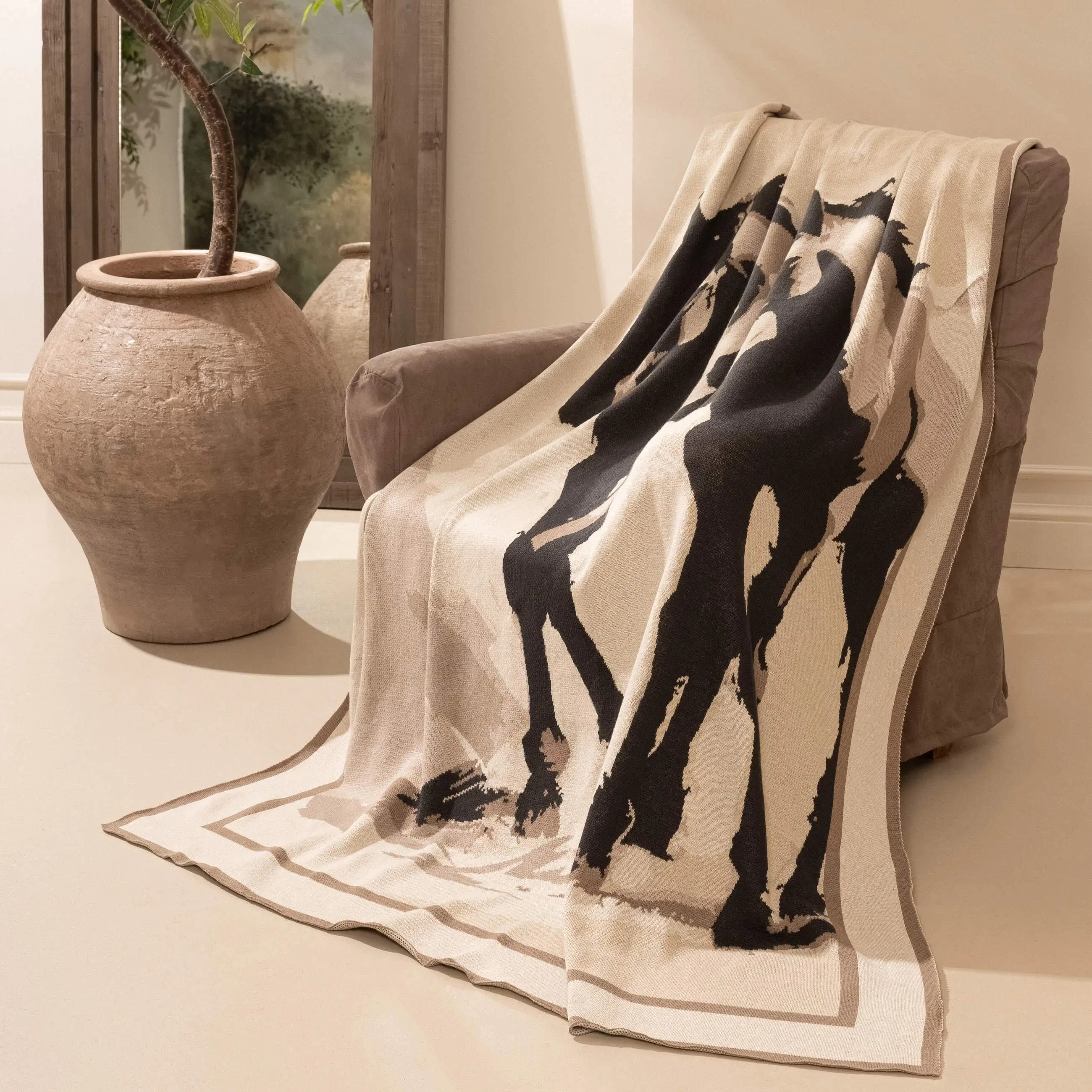 Плед, 130х170 см, хлопок, коричневый, Скетч лошадей, Horse