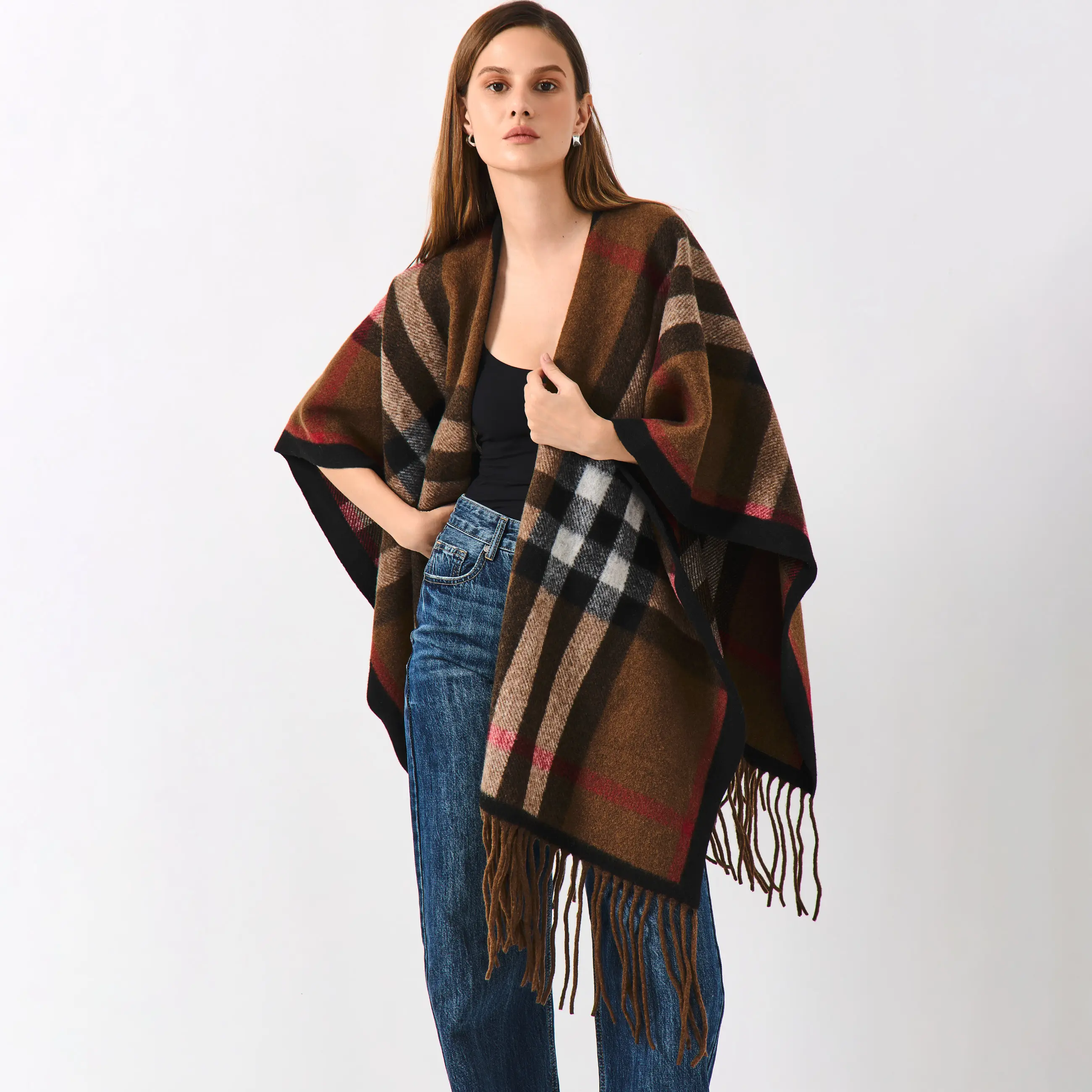 Пончо с бахромой, коричневое, Poncho