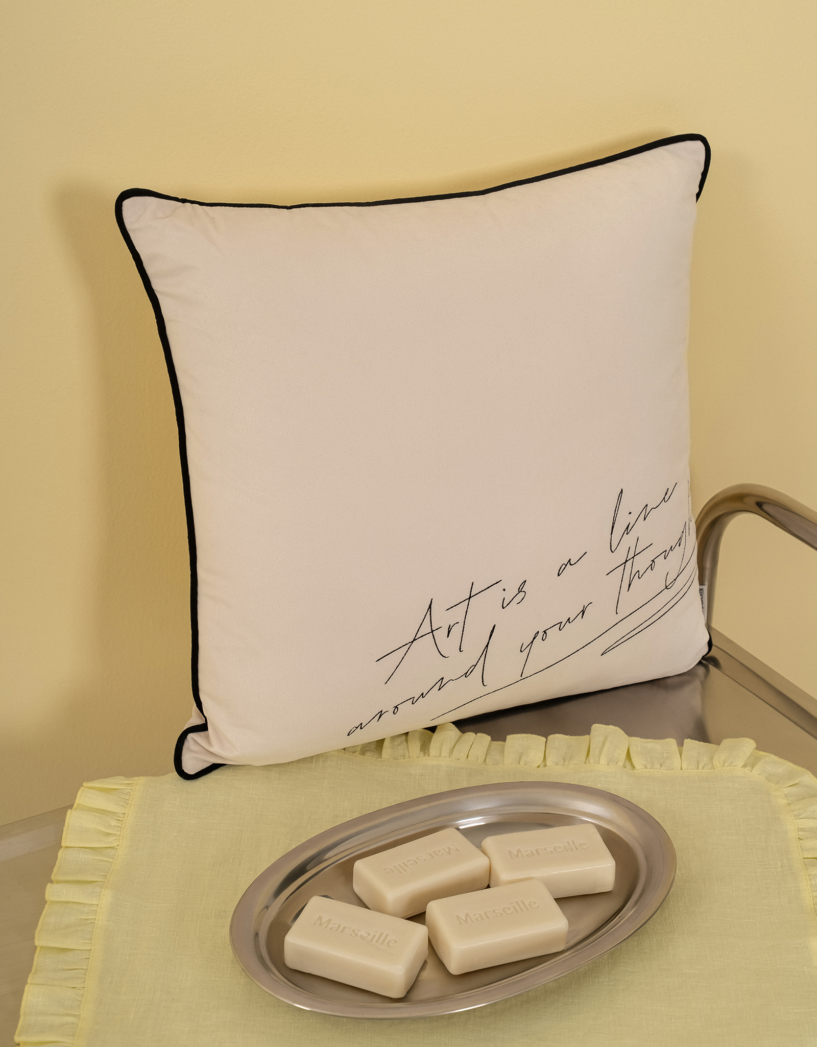 Сәндік жастық, 45х45 см, барқыт, сүт түстес, Art is around your thoughts, Scroll, image-3