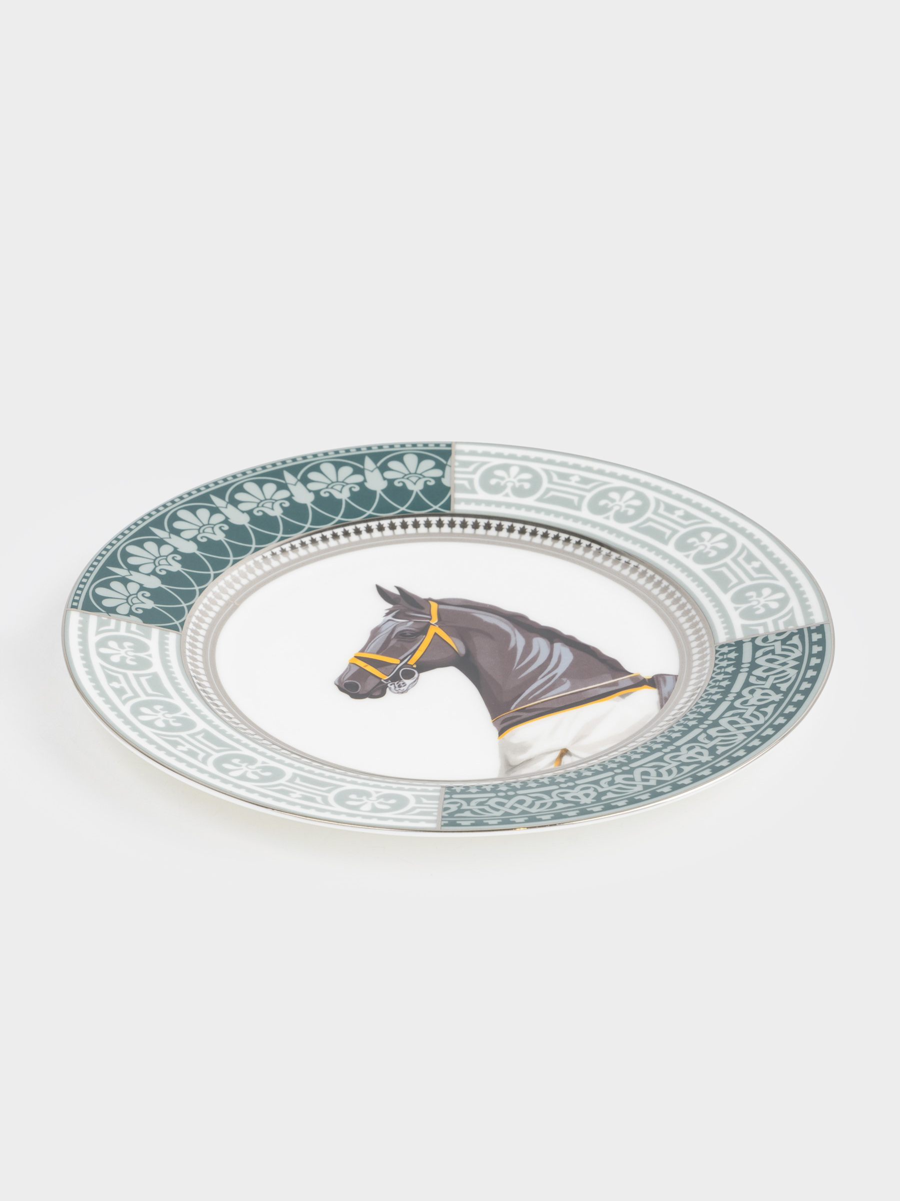 Тарелка закусочная, 21 см, фарфор F, бело-зеленая, с серебристым кантом, Конь, Breton horse, image-1