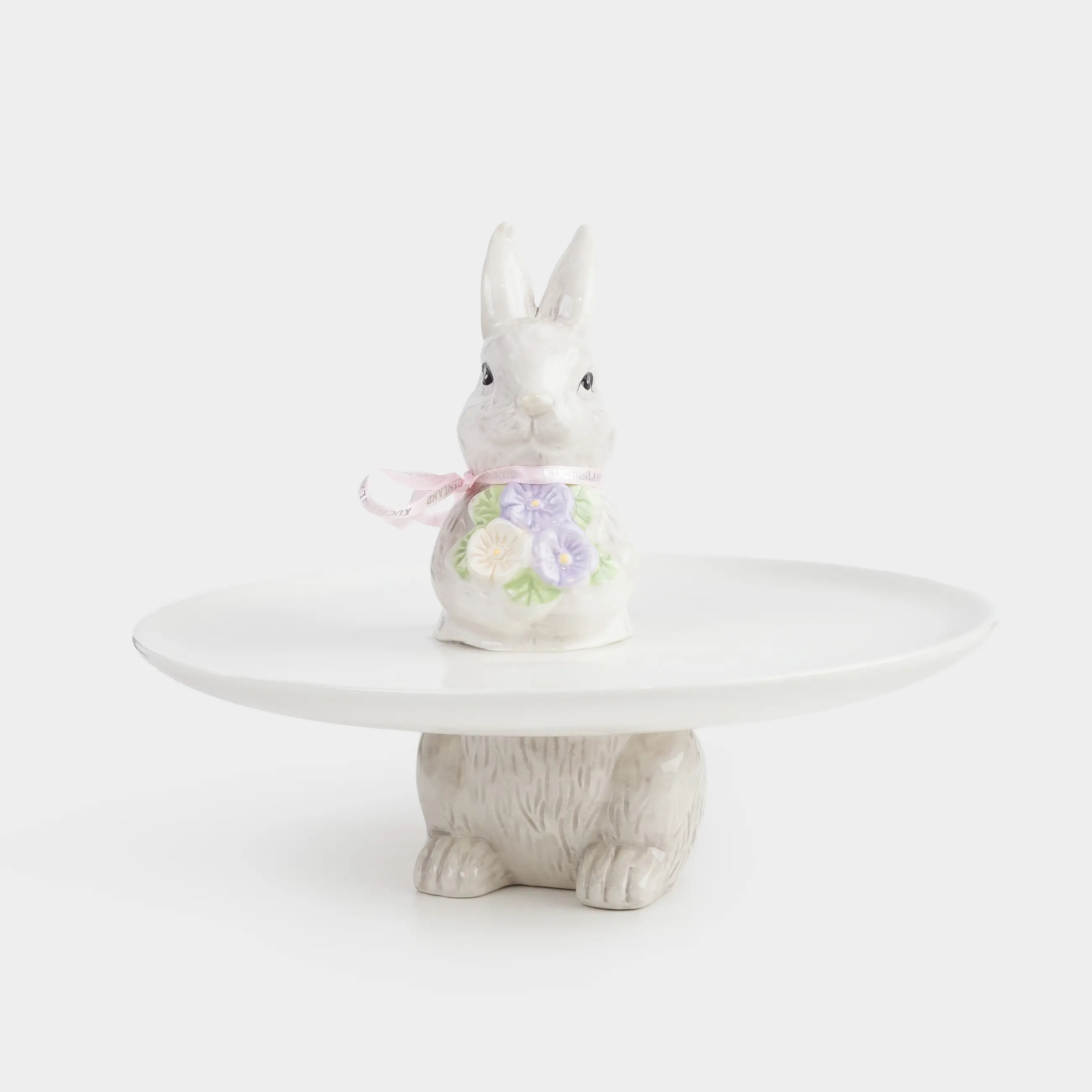 Блюдо на ножке, 24х18 см, керамика, бело-серое, Кролик с букетом цветов, Easter, image-0