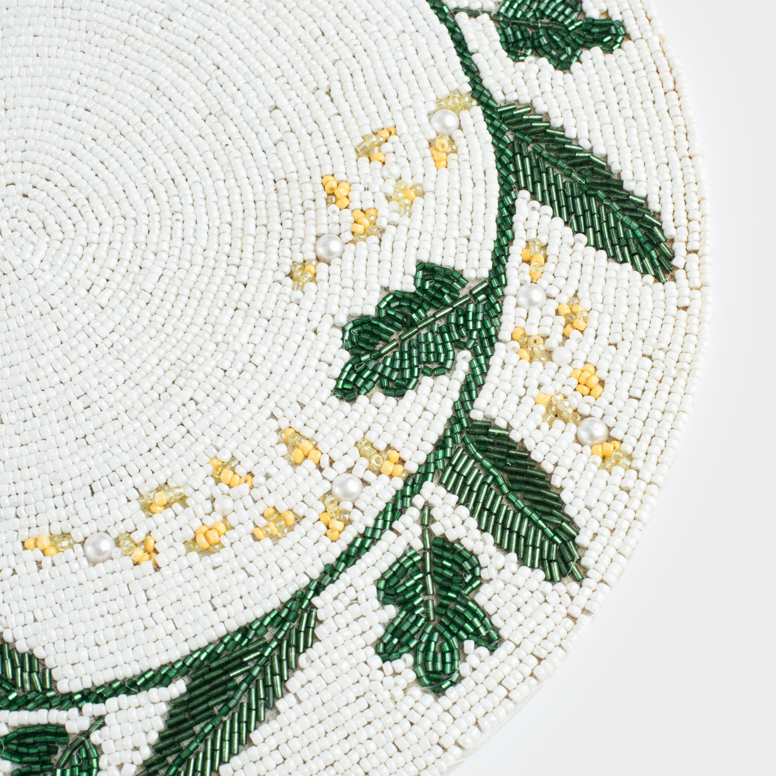 Салфетка под приборы, 36 см, бисер, круглая, белая, Мимоза, Art beads, image-1