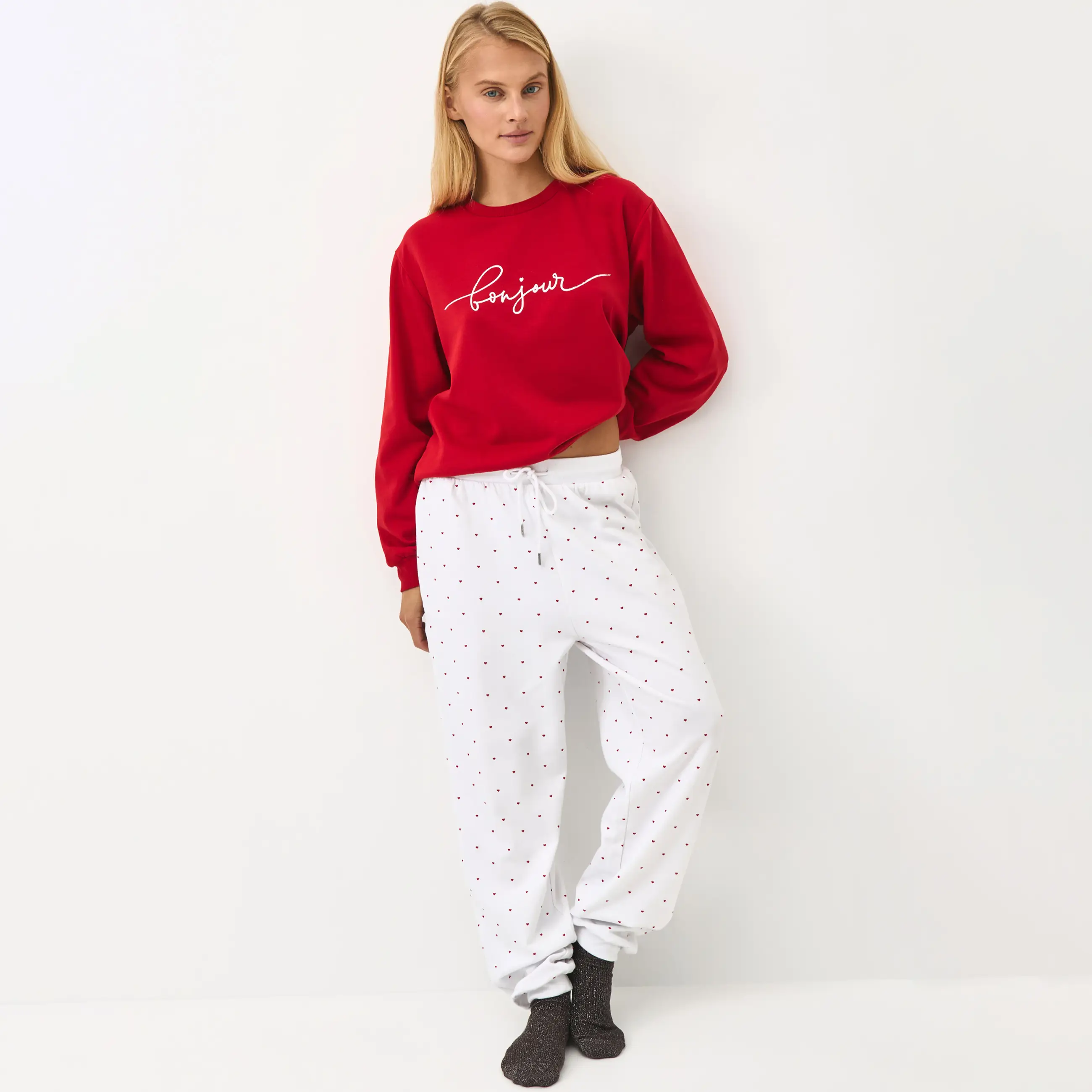 Комплект домашний, свитшот/брюки, красно-белый, Jodie-w