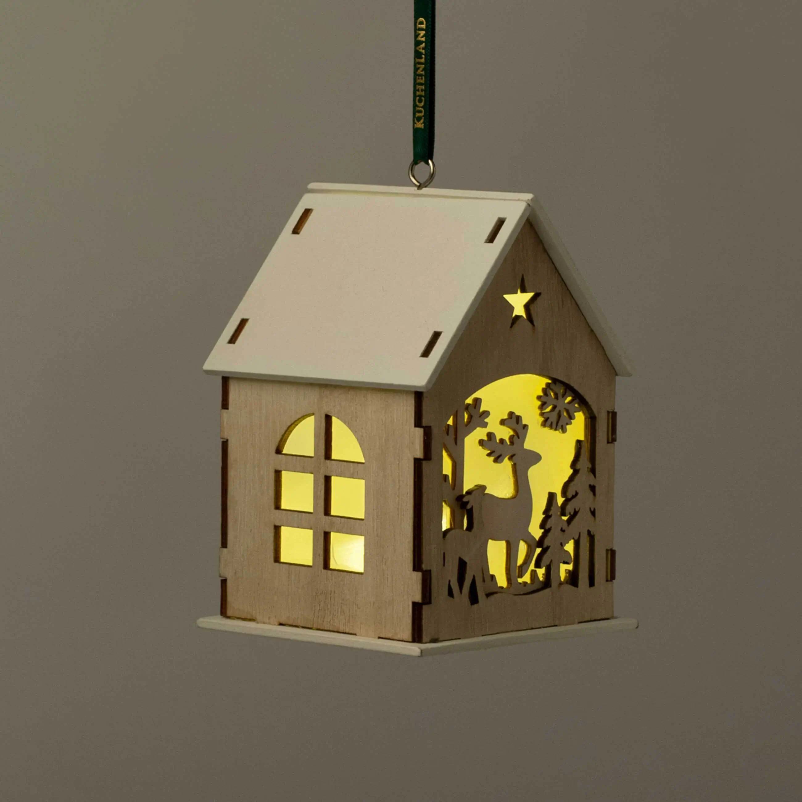 Шырша ойыншығы, 11 см, жарықтандырылған, МДФ, сарғылт-қоңыр, Бұғы бар үй, Figure wood