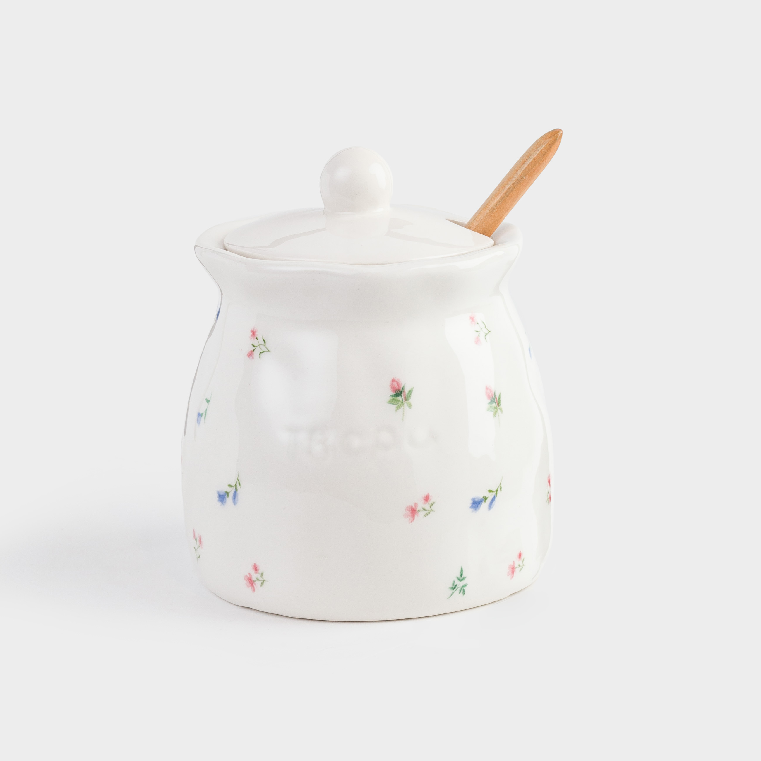 Сахарница, 12 см, 370 мл, с ложкой, керамика/дерево, молочная, Цветы, El flora, image-0