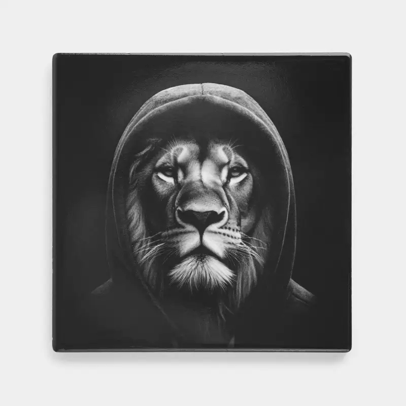 Подставка под кружку, 11х11 см, квадратная, керамика/пробка, черная, Лев, Brutal style ,image-0