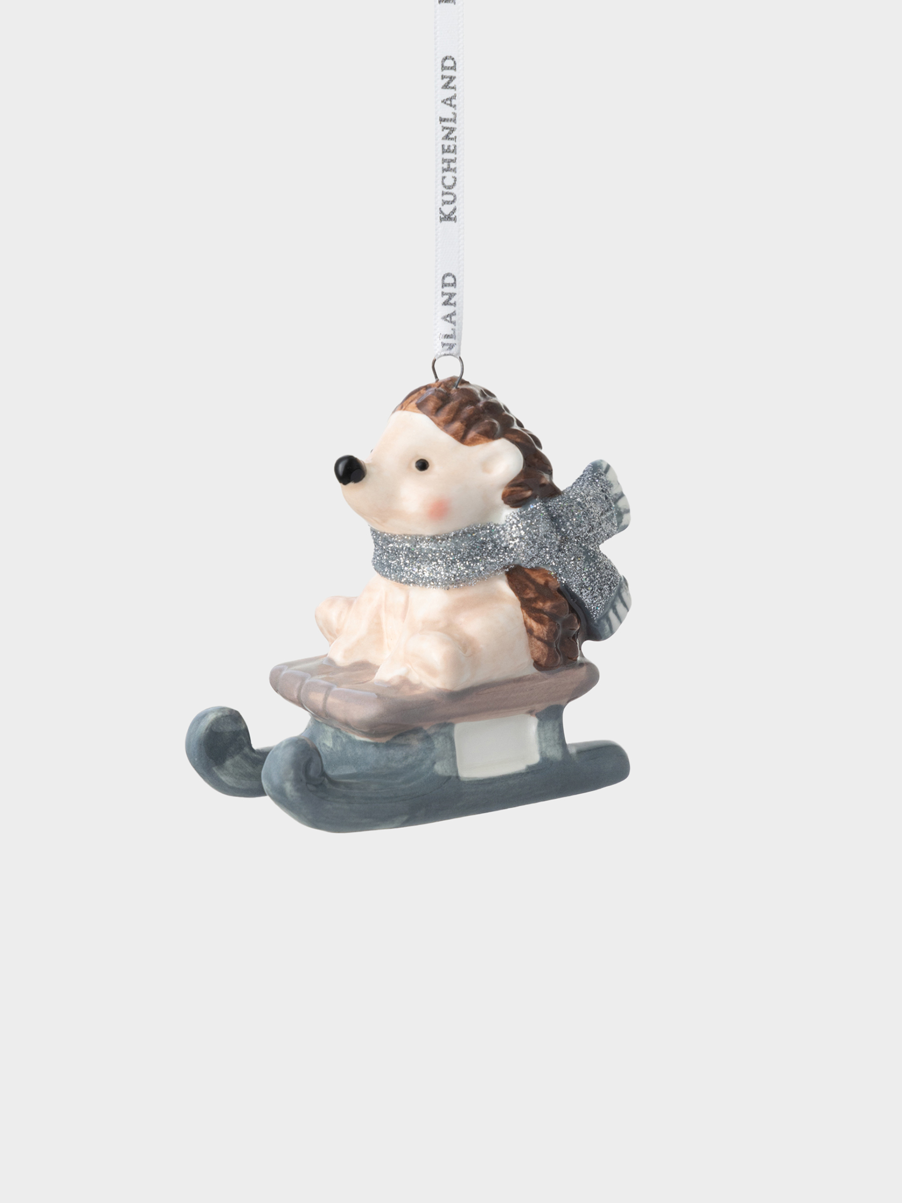 Игрушка елочная, 8 см, фарфор P, серо-коричневая, Ежик на санках, Figure christmas, image-0